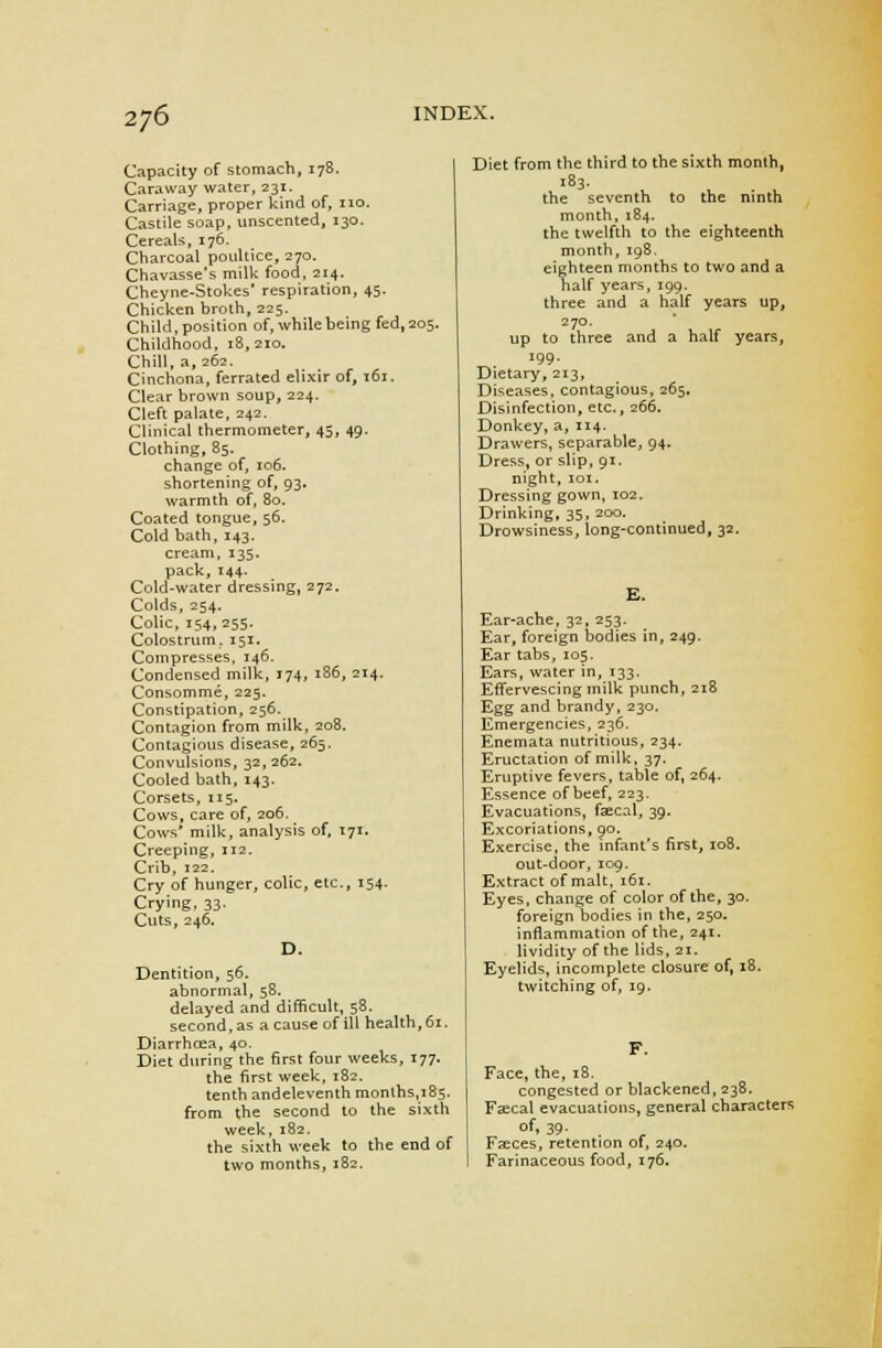 Capacity of stomach, 178. Caraway water, 231. Carriage, proper kind of, no. Castile soap, unscented, 130. Cereals, 176. Charcoal poultice, 270. Chavasse's milk food, 214. Cheyne-Stokes' respiration, 45. Chicken broth, 225. Child, position of, while being fed, 205. Childhood, 18,210. Chill, a, 262. Cinchona, ferrated elixir of, 161. Clear brown soup, 224. Cleft palate, 242. Clinical thermometer, 45, 49. Clothing, 85. change of, 106. shortening of, 93. warmth of, 80. Coated tongue, 56. Cold bath, 143. cream, 135. pack, T44. Cold-water dressing, 272. Colds, 254. Colic, 154,255- Colostrum. 151. Compresses, 146. Condensed milk, 174, 186, 214. Consomme, 225. Constipation, 256. Contagion from milk, 208. Contagious disease, 265. Convulsions, 32, 262. Cooled bath, 143. Corsets, 115. Cows, care of, 206. Cows' milk, analysis of, 171. Creeping, 112. Crib, 122. Cry of hunger, colic, etc., 154. Crying, 33. Cuts, 246. Dentition, 56. abnormal, 58. delayed and difficult, 58. second, as a cause of ill health, 61. Diarrhoea, 40. Diet during the first four weeks, 177. the first week, 182. tenth andeleventhmonths,i85. from the second to the sixth week, 182. the sixth week to the end of two months, 182. Diet from the third to the sixth month, 183. the seventh to the ninth month, 184. the twelfth to the eighteenth month, 198. eighteen months to two and a half years, 199. three and a half years up, 270. up to three and a half years, 199. Dietary, 213, Diseases, contagious, 265. Disinfection, etc., 266. Donkey, a, 114. Drawers, separable, 94. Dress, or slip, 91. night, 101. Dressing gown, 102. Drinking, 35, 200. Drowsiness, long-continued, 32. Ear-ache, 32, 253. Ear, foreign bodies in, 249. Ear tabs, 105. Ears, water in, 133. Effervescing milk punch, 218 Egg and brandy, 230. Emergencies, 236. Enemata nutritious, 234. Eructation of milk, 37. Eruptive fevers, table of, 264. Essence of beef, 223. Evacuations, faecal, 39. Excoriations, 90. Exercise, the infant's first, 108. out-door, 109. Extract of malt, 161. Eyes, change of color of the, 30. foreign bodies in the, 250. inflammation of the, 241. lividity of the lids, 21. Eyelids, incomplete closure of, 18 twitching of, 19. Face, the, 18. congested or blackened, 238. Faecal evacuations, general characters of- 39- . Faeces, retention of, 240. I Farinaceous food, 176.