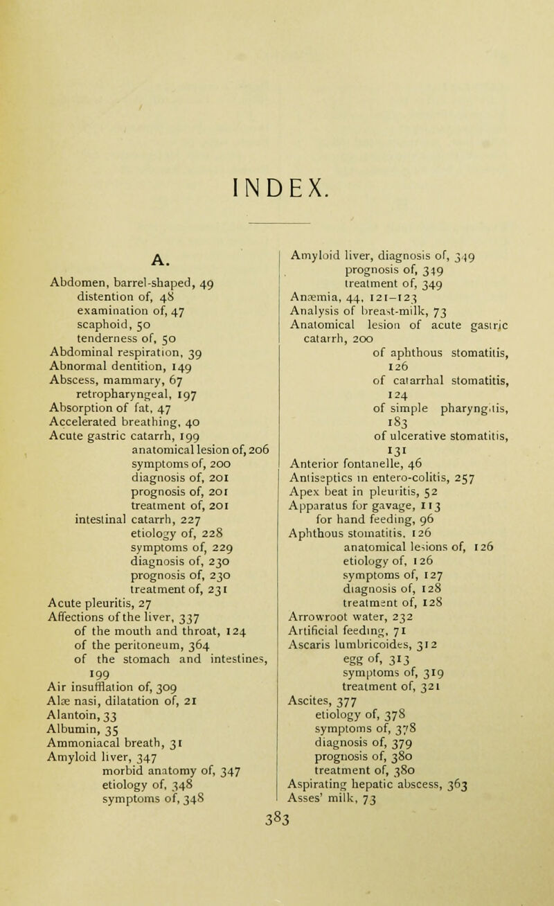 INDEX. A. Abdomen, barrel-shaped, 49 distention of, 4S examination of, 47 scaphoid, 50 tenderness of, 50 Abdominal respiration, 39 Abnormal dentition, 149 Abscess, mammary, 67 retropharyngeal, 197 Absorption of fat, 47 Accelerated breathing, 40 Acute gastric catarrh, 199 anatomical lesion of, 206 symptoms of, 200 diagnosis of, 201 prognosis of, 201 treatment of, 201 intestinal catarrh, 227 etiolo^'y of, 228 symptoms of, 229 diagnosis of, 230 prognosis of, 230 treatment of, 231 Acute pleuritis, 27 Affections of the liver, 337 of the mouth and throat, 124 of the peritoneum, 364 of the stomach and intestines, 199 Air insufflation of, 309 Alfe nasi, dilatation of, 21 Alantoin,33 Albumin, 35 Ammoniacal breath, 31 Amyloid liver, 347 morbid anatomy of, 347 etiology of, 348 symptoms of, 348 Amyloid liver, diagnosis of, 349 prognosis of, 349 treatment of, 349 Ansemia, 44, 121-123 Analysis of breast-milk, 73 Anatomical lesion of acute gastric catarrh, 200 of aphthous stomatitis, 126 of catarrhal stomatitis, 24 of simple pharyng.tis, 183 of ulcerative stomatitis, 131 Anterior fontanelle, 46 Antiseptics in entero-colitis, 257 Apex beat in pleuritis, 52 Apparatus for gavage, 113 for hand feeding, 96 Aphthous stomatitis. t26 anatomical lesions of, 126 etiology of, 126 symptoms of, 127 diagnosis of, 128 treatment of, 128 Arrowroot water, 232 Artificial feeding, 71 Ascaris lumbricoides, 312 egg of, 313 symptoms of, 319 treatment of, 321 Ascites, 377 etiology of, 37S symptoms of, 378 diagnosis of, 379 prognosis of, 380 treatment of, 380 Aspirating hepatic abscess, 363 Asses' milk, 73