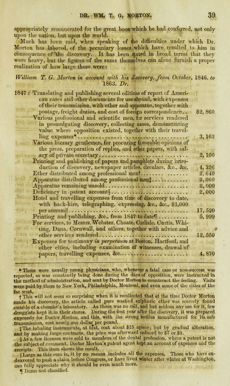 appropriately remunerated for the great boon which he had conferred, not only upon the nation, but upon the world. Much has been said, when speaking of ^ie difficulties under which Dr. Morton has labored, of the pecuniary losses .which have resulted to him in consequence of'the discovery. It has been ^tei in broad terms that they were heavy, but the figures of the sums themselves can alone furnish a proper realization of how large these were: William T. G. Morton in account with his discovery, from October, 1846, to 1863, Br. 1847 : Translating and publishing several editions of report of Ameri- can cases and other documents for use {(broad, with expenses of their transmission, with ether and apparatus, together with postage, freight duties, and cost of foreign correspondence.. $2, 860 Various professional and scientific men, for services rendered in promulgating discovery, collecting cases, demonstrating value where opposition existed, together with their travel- ling expenses* 3,162 Various literary gentlemen, for procuring favorable opinions of the press, preparation of replies, and other papers, with sal- ary of private secretary 2, 100 Printing and publishing of papers and pamphlets during intro- duction of discovery, newspaper articles, circulars, &c, &c. 4, 326 Ether distributed among professional ment 2, 640 Apparatus distributed among professional men| 3, 060 Apparatus remaining unsold 2, 000 Deficiency in .patent account§ 2, 000 Hotel and travelling expenses from time of discovery to date, with hack-hire, telegraphing, expressing, &c, &c, §1,000 per annum|| i 17, 520 Printing and publishing, &c, from 1847 to dateff 5, 999 For services, to Messrs. Webster, Choate, Carlisle, Curtis, Whi- ting, Dana, Cornwall, and others, together with advice and other services rendered 12, 550 Expenses for testimony in perpetuum at Boston, Hartford, and other cities, including examination of witnesses, drawal of papers, travelling expenses, &c 4, 870 c These were usually young physicians, who, whenever a fatal case or non-success was reported, as was constantly bting done during the days of opposition, were instructed in the method of administration, and sent by Doctor Morton to counteract the feeling. Visits were paid by them to New York, Philadelphia, Montreal, and even some of the cities of the far west, + This will not seem so surprising when it is recollected that at the time Doctor Morton made his discovery, the article called pure washed sulphuric ether was scarcely found outside of a chemist's laboratory. As there was no call, and but 6eldoui any use for it, few druggists kept it in their stores. During the first year after the discovery, it was prepared expresslv for Doctor Morton, and this, with the strong bottles manufactured for its safe transmission, cost nearly one dollar per pound. tThe inhaling instruments, at first, cost about $25 apiece; but by gradual alteration, and by making large contracts, the price was afterward reduced to $7 or $8. § As a few licenses were sold to members of the dental profession, where a patent is not the subject of comment, Doctor Morton's patent agent kept an account of expenses and the receipts. This item shows the result. IILarge as this sum is, it by no means includes all the expenses. Those who have en- deavored to push a claim before Congress, or have lived winter after winter at Washington, can fully appreciate why it should be even much more. ^f Items not classified.