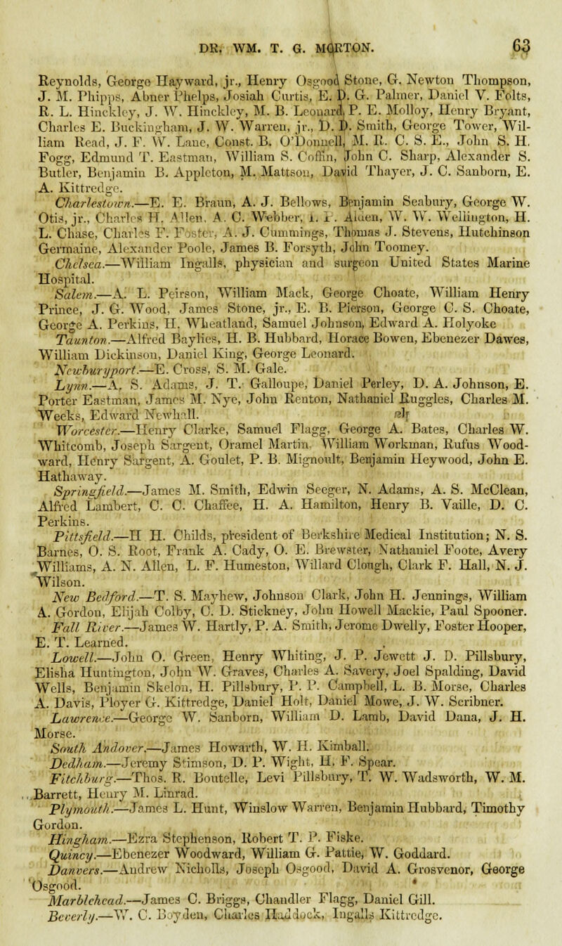 Reynolds, George Hay ward, jr., Henry Osgood Stone, G. Newton Thompson, J. M. Phipps, Abner i 'helps, Josiah Curtis, E. I). G. Palmer, Daniel V. Folts, R. L. Hinckley, J. W. Hinckley, M. B. LeonarAP. E. Molloy, Henry Bryant, Charles E. Buckingham, J. W. Warren, jr., D. B. Smith, George Tower, Wil- liam Read, J. F. W. Lane, Const, B. O'Donuoll, M. R. C. S. E., John S. H. Fogg, Edmund T. Eastman, William S. Coffin, John C. Sharp, Alexander S. Butler, Benjamin B. Appleton, M. Mattsou, Dawl Thayer, J. C. Sanborn, E. A. Kittredge. Chariest own.—E. E. Braun, A. J. Bellows, Benjamin Seabury, George W. Otis, jr., Charles H. Allen, A. C. Webber, 1. I . ildem, W. W. Wellington, H. L. Chase, Charbs F: F;ster, A. J. Cummings, Thomas J. Stevens, Hutchinson Germaine, Alexander Poole, James B. Forsyth, John Toomey. Chelsea.—William Ingalls, physician and surgeon United States Marine Hospital. Salem.—A: L. Peirson, William Mack, George Choate, William Henry Prince, J. G. Wood, James Stone, jr., E. B. Picrson, George C. S. Choate, George A. Perkins, II. Wheatland, Samuel Johnson, Edward A. Ilolyoke Taunton.—Alfred Baylies, H. B. Hubbard, Horace Bowen, Ebenezer Dawes, William Dickinson, Daniel King, George Leonard. Newbury port.—E. Cross, S. M. Gale. Lynn.—A. S. Adams, J. T. Galloupe, Daniel Perley, D. A. Johnson, E. Porter Eastman, James M. Nye, John Ronton, Nathaniel Euggles, Charles M. Weeks, Edward Newhall. ?b Worcester.—Henry Clarke, Samuel Flagg, George A. Bates, Charles W. Whitcomb, Joseph Sargent, Oramel Martin. William Workman, Ruf'us Wood- ward, Henry Sargent, A. Goulet, P. B. Mignoult, Benjamin Heywood, John E. Hathaway. Springfield.—James M. Smith, Edwin Seeger, N. Adams, A. S. McClean, Alfred Lambert, C. C. Chaffee, H. A. Hamilton, Henry B. Vaille, D. C. Perkins. Pittsfield.—H H. Childs, president of Berkshire Medical Institution; N. S. Barnes, O. S. Root, Frank A. Cady, 0. E. Brewster, Nathaniel Foote, Avery •Williams, A. N. Allen, L. F. Humeston, Willard Clough, Clark F. Hall, N. J. Wilson. New Bedford.—T. S. Mayhew, Johnson Clark, John H. Jennings, William A. Gordon, Elijah Colby, C. D. Stickney, John Howell Mackie, Paul Spooner. Fall River.—James W. Hartly, P. A. Smith, Jerome Dwelly, Foster Hooper, E. T. Learned. Lowell.—John O. Green, Henry Whiting, J. P. Jewett J. D. Pillsbury, Elisha Huntington, John W. Graves, Charles A. Savery, Joel Spalding, David Wells, Benjamin Skelou, H. Pillsbury, P. P. Campbell, L. B. Morse, Charles A. Davis, Ployer G. Kittredge, Daniel Holt, Daniel Mowe, J. W. Scribner. Lawrence.—George W. Sanborn, William D. Lamb, David Dana, J. H. Morse. South Andover.—James Howarth, W. II. Kimball. Dedham.—Jeremy S'imson, D. P. Wight, H. F. Spear. Fitchburg.—Thos. R. Boutelle, Levi Pillsbury, f. W. Wadsworth, W. M. ..Barrett, Henry M. Linrad. Plymouth.—James L. Hunt, Winslow Warren, Benjamin Hubbard, Timothy Gordon. Hingham.—Ezra Stephenson, Robert T. P. Fiske. Quincy.—Ebenezer Woodward, William G. Pattie, W. Goddard. Danvers.—Andrew Nicholls, Joseph Osgood, David A. Grosvenor, George 'Osgood. * Marblehcad.—James C. Briggs, Chandler Flagg, Daniel Gill. Beverly.—W. C. B,yden, Charles Had.Ljck, Ingalls Kittredge.
