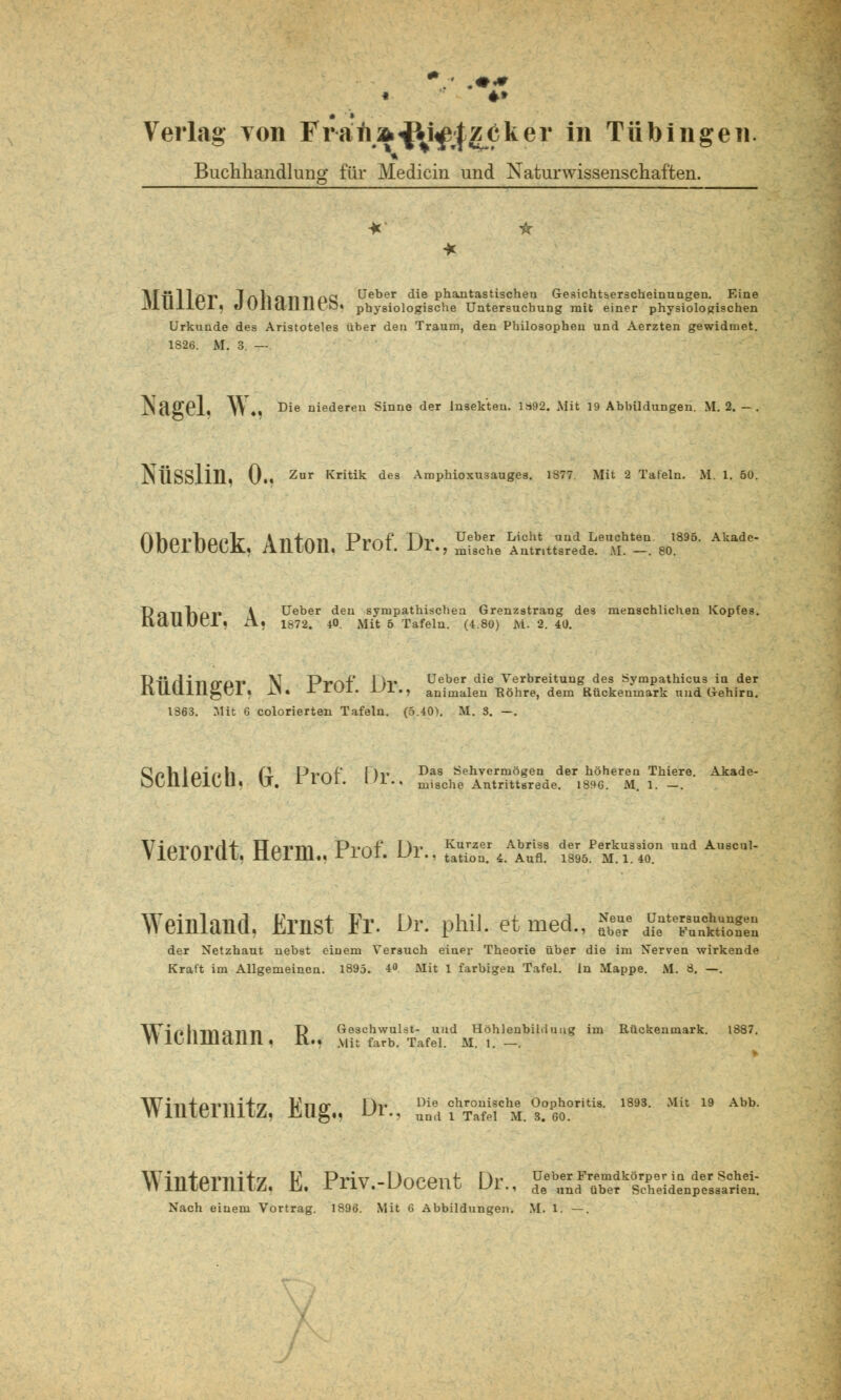 Verlag >on FratiÄ^ii^^cker in Tübingen. Buchhandlung für Medicin und Naturwissenschaften. ATlillPT* TnlinilüPQ Ueber die phantastischen Gesichtserscheinungen. Eine lllUllCi« «) Uli Uli IIL ö« physiologische Untersuchung mit einer physiologischen Urkunde des Aristoteles über den Traum, den Philosophen und Aerzten gewidmet. 1826. M. 3. — ^Näö^L W 4« Die niederen Sinne der Insekten. 1892. Mit 19 Abbildungen. M. 2. -. NÜSSliü, 0.. Zur Kritik des Araphioxusauges. 1877. Mit 2 Tafeln. M. 1. 50. AVinfVkQ^lr \n+nri Pv-Af T\v Ueber Licht und Leuchten 1895. Akade- UULlUüLli.. AlllUIl. X IUI. VL.9 mi3Che Antrittsrede. M. —. 80. Danl\Di' \ Ueber den sympathischen Grenzstrang des menschlichen Kopfes. ttdUUcI» A. 1872. 40. Mit 5 Tafeln. (4.80) M- 2. 40. PiirHnrm'P V T^rnf* I It* üeber die Verbreitung des Sympathicus in der nUlLIiTgcl. JL>. -LIU1. UL., animalen Bohre, dem Rückenmark und Gehirn. 1863. Mit G colorierten Tafeln. (5.40). M. 3. —. Q/iVil£»i/»h f-i Prr\f f)v Das Sehvermögen der höhereu Thiere. Akade- OLillülbll. U. I IUI. L/I., miSche Antrittsrede. 1896. Ml.-. ViovaitIt UüTm PvaI' Hv Kurzer Abriss der Perkussion und Auscul- vieioiui, neun., rioi. m., tation< 4> Aufl< 1895_ M>1.40_ Weinland, Ernst Fr. Dr: phil. et med., *e»e £teÄ der Netzhaut nebst einem Versuch einer Theorie über die im Nerven wirkende Kraft im Allgemeinen. 1895. 40. Mit 1 farbigen Tafel. In Mappe. M. 8. —. Winlnnonn t) Geschwulst- und Höhlenbilduug im Rückenmark. 1887. UlLIllUalllL, n., Mit färb. Tafel. M. 1. —. Winternitz, Eng., ür., SfÄ'lf )ritis. 1893. Mit 19 Abb. WllltpVTlity V PriV -DnPPnt, Dr Ueber Fremdkörper in der Schei- » llllCIILlL/i. £j, riiV. L'ULrJUb UL ., de und über Scheidenpessarien.