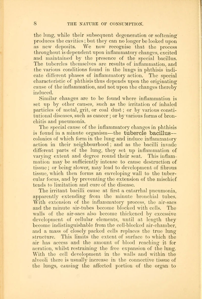 the lung, while their subsequent degeneration or softening produces the cavities ; but they can no longer be looked upon as new deposits. We now recognise that the process throughout is dependent upon inflammatory changes, excited and maintained by the presence of the special bacillus. The tubercles themselves are results of inflammation, and the various conditions found in the lungs in phthisis indi- cate different phases of inflammatory action. The special characteristic of phthisis thus depends upon the originating cause of the inflammation, and not upon the changes thereby induced. Similar changes are to be found where inflammation is set up by other causes, such as the irritation of inhaled particles of metal, grit, or coal dust; or by various consti- tutional diseases, such as cancer ; or by various forms of bron- chitis and pneumonia. The special cause of the inflammatory changes in phthisis is found in a minute organism—the tubercle bacillus— colonies of which form in the lung and induce inflammatory action in their neighbourhood ; and as the bacilli invade different parts of the lung, they set up inflammation of varying extent and degree round their seat. This inflam- mation may be sufficiently intense to cause destruction of tissue; or being slower, may lead to development of fibrous tissue, which then forms an enveloping wall to the tuber- cular focus, and by preventing the extension of the mischief tends to limitation and cure of the disease. The irritant bacilli cause at first a catarrhal pneumonia, apparently extending from the minute bronchial tubes. With extension of the inflammatory process, the air-sacs and the minute air-tubes become blocked with cells. The walls of the air-sacs also become thickened by excessive development of cellular elements, until at length they become indistinguishable from the cell-blocked air-chamber, and a mass of closely packed cells replaces the true lung structure. This limits the extent of surface to which the air has access and the amount of blood reaching it for aeration, whilst restraining the free expansion of the lung. With the cell development in the walls and within the alveoli there is usually increase in the connective tissue of the lungs, causing the affected portion of the organ to
