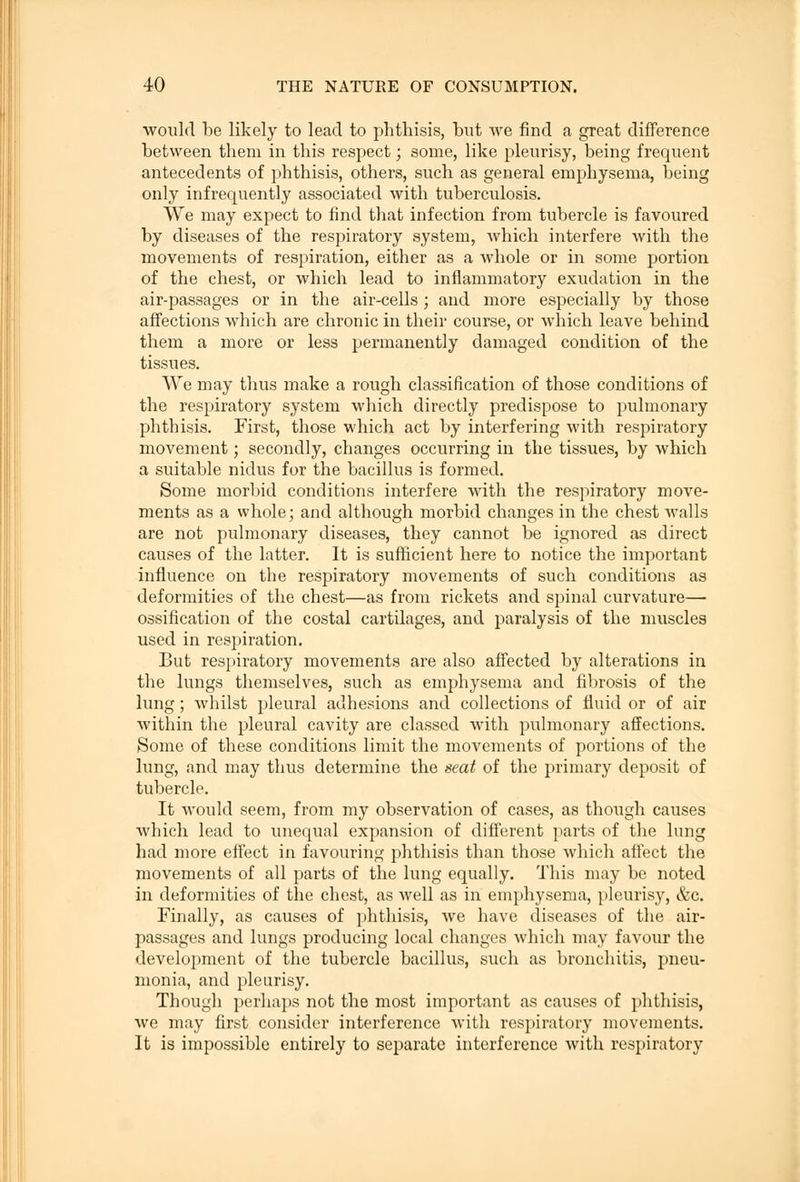 would be likely to lead to phthisis, but we find a great difference between them in this respect; some, like pleurisy, being frequent antecedents of phthisis, others, such as general emphysema, being only infrequently associated with tuberculosis. We may expect to find that infection from tubercle is favoured by diseases of the respiratory system, which interfere with the movements of respiration, either as a whole or in some portion of the chest, or which lead to inflammatory exudation in the airq^assages or in the air-cells; and more especially by those affections which are chronic in their course, or which leave behind them a more or less permanently damaged condition of the tissues. We may thus make a rough classification of those conditions of the respiratory system which directly predispose to pulmonary phthisis. First, those which act by interfering with respiratory movement; secondly, changes occurring in the tissues, by which a suitable nidus for the bacillus is formed. Some morbid conditions interfere with the respiratory move- ments as a whole; and although morbid changes in the chest walls are not pulmonary diseases, they cannot be ignored as direct causes of the latter. It is sufficient here to notice the important influence on the respiratory movements of such conditions as deformities of the chest—as from rickets and spinal curvature— ossification of the costal cartilages, and paralysis of the muscles used in respiration. But respiratory movements are also affected by alterations in the lungs themselves, such as emphysema and fibrosis of the lung; whilst pleural adhesions and collections of fluid or of air within the pleural cavity are classed with pulmonary affections. JSome of these conditions limit the movements of portions of the lung, and may thus determine the seat of the primary deposit of tubercle. It would seem, from my observation of cases, as though causes which lead to unequal expansion of different parts of the lung had more effect in favouring phthisis than those which affect the movements of all parts of the lung equally. This may be noted in deformities of the chest, as well as in emphysema, pleurisy, &c. Finally, as causes of phthisis, we have diseases of the air- passages and lungs producing local changes which may favour the development of the tubercle bacillus, such as bronchitis, pneu- monia, and pleurisy. Though perhaps not the most important as causes of phthisis, we may first consider interference with respiratory movements. It is impossible entirely to separate interference with respiratory