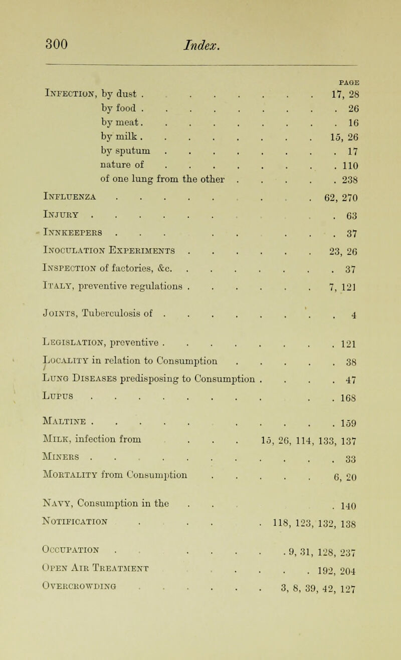 Infection, by dust . by food .... by meat.... by milk.... by sputum nature of of one lung from the other Influenza Injury Innkeepers ... Inoculation Experiments . Inspection of factories, &o. Italy, preventive regulations . Joints, Tuberculosis of Legislation, preventive .... Locality in relation to Consumption Lung Diseases predisposing to Consumption Lupus Maltine Milk, infection from Miners ..... Mortality from Consumption Navy, Consumption in the Notification Occupation Open Air Treatment Overcrowding 15, 20, 114 PAGE 17, 28 . 26 . 10 15, 26 . 17 . 110 . 238 62, 270 . 63 . 37 23, 26 . 37 7, 121 . 121 . 38 . 47 . 168 . 159 133, 137 . 33 6, 20 . 140 118, 123, 132, 138 ■ 9, 31, 128, 237 . 192, 204 3, 8, 39, 42, 127