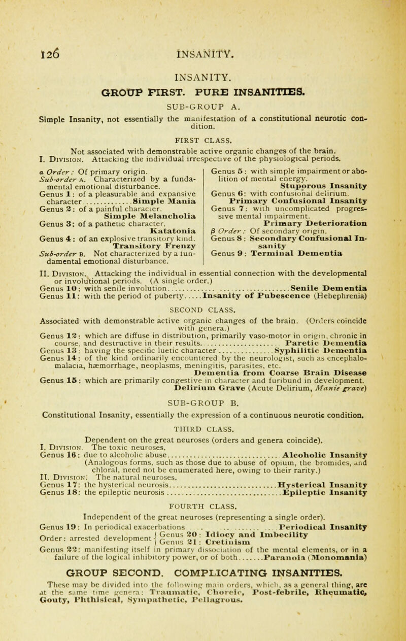 INSANITY. GROUP FIRST. PURE INSANITIES. SUD-GROUP A. Simple Insanity, not essentially the manifestation of a constitutional neurotic con- dition. FIRST CLASS. Not associated with demonstrable active organic changes of the brain. I. Division. Attacking the individual irrespective of the physiological periods. Genus 5 : with simple impairment or abo- lition of mental energy. Stuporous Insanity Genus 6: with contusiohal delirium. Primary Coufusional Insanity Genus 7: with uncomplicated progres- sive mental impairment. Primary Deterioration /3 Order : Of secondary origin. Genus 8 : Secondary Confusional In- sanity Genus 9: Terminal Dementia a Order : Of primary origin. Sub-order a. Characterized by a funda- mental emotional disturbance. Genus 1: of a pleasurable and expansive character Simple Mania Genus 2 : of a painful character. Simple Melancholia Genus 3: of a pathetic character. Katatonia Genus 4 : of an explosive transitory kind. Transitory Frenzy Sub-order b. Not characterized by a fun- damental emotional disturbance. II. Division. Attacking the individual in essential connection with the developmental or involutional periods. (A single order.) Genus 10 : with senile involution Senile Dementia Genus 11: with the period of puberty Insanity of Pubescence (.Hebephrenia) SECOND CLASS. Associated with demonstrable active organic changes of the brain. (Orders coincide with genera.) Genus 12 ■ which are diffuse in distribution, primarily vaso-motor in origin, chronic in course, and destructive in their results Paretic Dementia Genus 13 ; having the specific luetic character Syphilitic Dementia Genus 14: of the kind ordinarily encountered by the neurologist, such as encephalo- malacia, haemorrhage, neoplasms, meningitis, parasites, etc. Dementia from Coarse Brain Disease Genus 15: which are primarily congestive in character and furibund in development. Delirium Grave (Acute Delirium, Manie grave) SUB-GROUP B. Constitutional Insanity, essentially the expression of a continuous neurotic condition. THIRD CLASS. Dependent on the great neuroses (orders and genera coincide). I. Division. The toxic neuroses. Genus 16: due to alcoholic abuse Alcoholic Insanity (Analogous forms, such as those due to abuse of opium, the bromides, and chloral, need not be enumerated here, owing to their rarity.) II. Division; The natural neuroses. Genus 17: the hysterical neurosis Hysterical Insanity Genus 18: the epileptic neurosis Epileptic Insanity FOURTH CLASS. Independent of the great neuroses (representing a single order). Genus 19: In periodical exacerbations . Periodical Insanity Order: arrested development \%™* |»; gjHMS* «—»* Genus 2*2: manifesting itself in primary dissociation of the mental elements, or in a failure uf the logical inhibitory power, or of both Paranoia < Monomania) GROUP SECOND. COMPLICATING INSANITIES. These may be divided into the following mam orders, which, as a general thing, arc at the same time genera: Traumatic, Choreic, Post-febrile, Kheumatlo* Gouty, Phthisical, Sympathetic, Pellagrous.