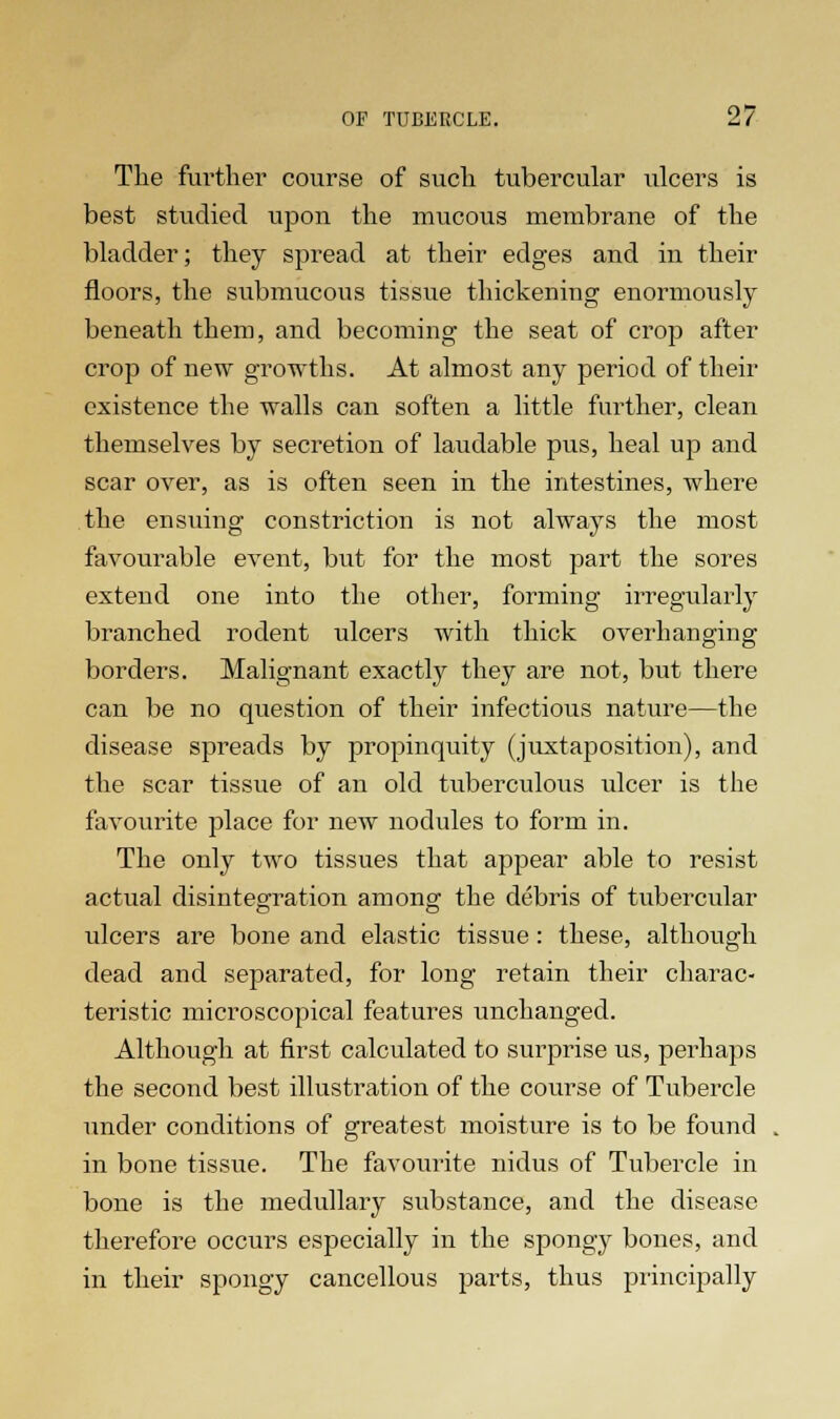 The further course of such tubercular ulcers is best studied upon the mucous membrane of the bladder; they spread at their edges and in their floors, the submucous tissue thickening enormously beneath them, and becoming the seat of crop after crop of new growths. At almost any period of their existence the walls can soften a little further, clean themselves by secretion of laudable pus, heal up and scar over, as is often seen in the intestines, where the ensuing constriction is not always the most favourable event, but for the most part the sores extend one into the other, forming irregularly branched rodent ulcers with thick overhanging borders. Malignant exactly they are not, but there can be no question of their infectious nature—the disease spreads by propinquity (juxtaposition), and the scar tissue of an old tuberculous ulcer is the favourite place for new nodules to form in. The only two tissues that appear able to resist actual disintegration among the debris of tubercular ulcers are bone and elastic tissue: these, although dead and separated, for long retain their charac- teristic microscopical featm-es unchanged. Although at first calculated to surprise us, perhaps the second best illustration of the course of Tubercle under conditions of greatest moisture is to be found in bone tissue. The favourite nidus of Tubercle in bone is the medullary substance, and the disease therefore occurs especially in the spongy bones, and in their spongy cancellous parts, thus principally