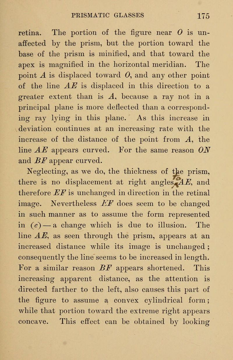 retina. The portion of the figure near 0 is un- affected by the prism, but the portion toward the base of the prism is minified, and that toward the apex is magnified in the horizontal meridian. The point A is displaced toward 0, and any other point of the line AE is displaced in this direction to a greater extent than is A, because a ray not in a principal plane is more deflected than a correspond- ing ray tying in this plane. As this increase in deviation continues at an increasing rate with the increase of the distance of the point from A, the line AE appears curved. For the same reason ON and BE appear curved. Neglecting, as we do, the thickness of ttoe prism, there is no displacement at right angles^LZ?, and therefore EE is unchanged in direction in the retinal image. Nevertheless EE does seem to be changed in such manner as to assume the form represented in (c) — a change which is due to illusion. The line AE, as seen through the prism, appears at an increased distance while its image is unchanged; consequently the lineseems to be increased in length. For a similar reason BE appears shortened. This increasing apparent distance, as the attention is directed farther to the left, also causes this part of the figure to assume a convex cylindrical form; while that portion toward the extreme right appears concave. This effect can be obtained by looking