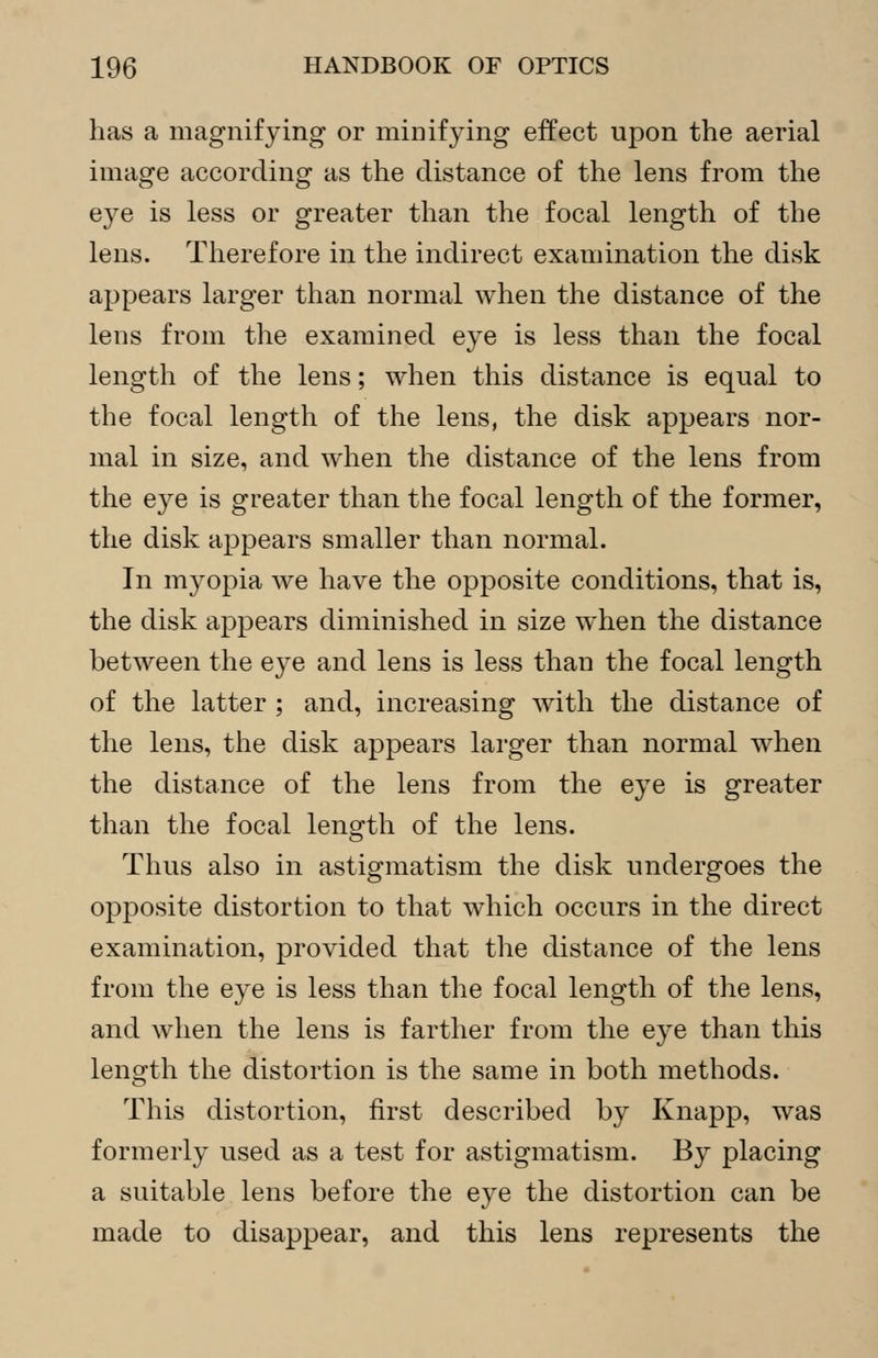 has a magnifying or minifying effect upon the aerial image according as the distance of the lens from the eye is less or greater than the focal length of the lens. Therefore in the indirect examination the disk appears larger than normal when the distance of the lens from the examined eye is less than the focal length of the lens; when this distance is equal to the focal length of the lens, the disk appears nor- mal in size, and when the distance of the lens from the eye is greater than the focal length of the former, the disk appears smaller than normal. In myopia we have the opposite conditions, that is, the disk appears diminished in size when the distance between the eye and lens is less than the focal length of the latter ; and, increasing with the distance of the lens, the disk appears larger than normal when the distance of the lens from the eye is greater than the focal length of the lens. Thus also in astigmatism the disk undergoes the opposite distortion to that which occurs in the direct examination, provided that the distance of the lens from the eye is less than the focal length of the lens, and when the lens is farther from the eye than this length the distortion is the same in both methods. This distortion, first described by Knapp, was formerly used as a test for astigmatism. By placing a suitable lens before the eye the distortion can be made to disappear, and this lens represents the
