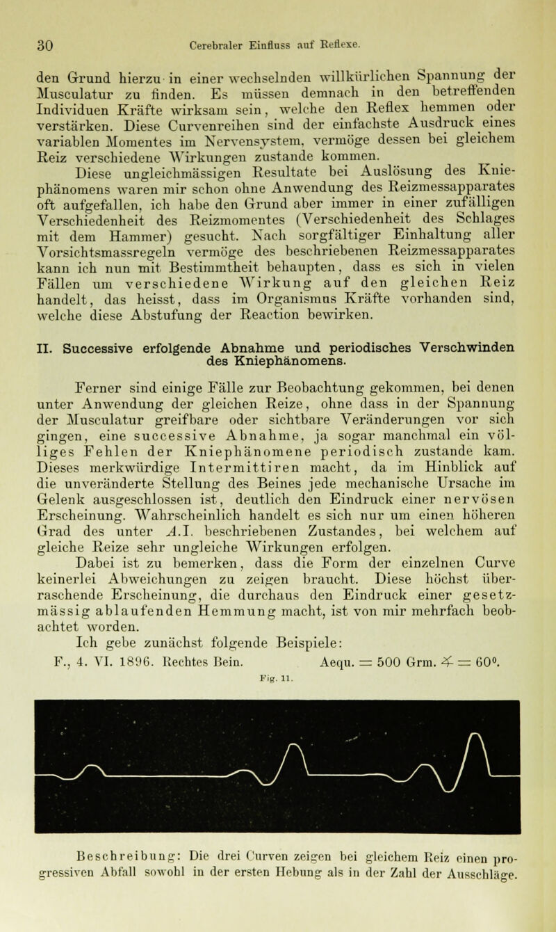 den Grund hierzu in einer wechselnden willkürlichen Spannung der Musculatur zu finden. Es müssen demnach in den betreffenden Individuen Kräfte wirksam sein, welche den Reflex hemmen oder verstärken. Diese Curvenreihen sind der einfachste Ausdruck eines variablen Momentes im Nervensystem, vermöge dessen bei gleichem Reiz verschiedene Wirkungen zustande kommen. Diese ungleichmässigen Resultate bei Auslösung des Knie- phänomens waren mir schon ohne Anwendung des Reizmessapparates oft aufgefallen, ich habe den Grund aber immer in einer zufälligen Verschiedenheit des Reizmomentes (Verschiedenheit des Schlages mit dem Hammer) gesucht. Nach sorgfältiger Einhaltung aller Vorsichtsmassregeln vermöge des beschriebenen Reizmessapparates kann ich nun mit Bestimmtheit behaupten, dass es sich in vielen Fällen um verschiedene Wirkung auf den gleichen Reiz handelt, das heisst, dass im Organismus Kräfte vorhanden sind, welche diese Abstufung der Reaction bewirken. II. Successive erfolgende Abnahme und periodisches Verschwinden des Kniephänomens. Ferner sind einige Fälle zur Beobachtung gekommen, bei denen unter Anwendung der gleichen Reize, ohne dass in der Spannung der Musculatur greifbare oder sichtbare Veränderungen vor sich gingen, eine successive Abnahme, ja sogar manchmal ein völ- liges Fehlen der Kniephänomene periodisch zustande kam. Dieses merkwürdige Intermittiren macht, da im Hinblick auf die unveränderte Stellung des Beines jede mechanische Ursache im Gelenk ausgeschlossen ist, deutlich den Eindruck einer nervösen Erscheinung. Wahrscheinlich handelt es sich nur um einen höheren Grad des unter A.J. beschriebenen Zustandes, bei welchem auf gleiche Reize sehr ungleiche Wirkungen erfolgen. Dabei ist zu bemerken, dass die Form der einzelnen Curve keinerlei Abweichungen zu zeigen braucht. Diese höchst über- raschende Erscheinung, die durchaus den Eindruck einer gesetz- mässig ablaufenden Hemmung macht, ist von mir mehrfach beob- achtet worden. Ich gebe zunächst folgende Beispiele: F., 4. VI. 1896. Rechtes Bein. Aequ. = 500 Grm. 4- = 60°. Fig. 11. Beschreibung: Die drei Curven zeigen bei gleichem Reiz einen pro- gressiven Abfall sowohl in der ersten Hebung als in der Zahl der Ausschläge.