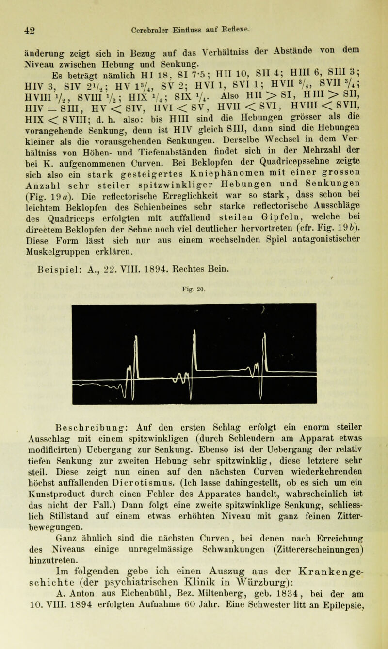 änderung zeigt sich in Bezug auf das Verhältniss der Abstände von dem Niveau zwischen Hebung und Senkung. Es beträgt nämlich HI 18, SI Tb; HII 10, Sil 4; Hill 6, SIII 3; HIV 3, SIV 2i/,; HV 1«/« SV 2; HVI 1, SVI1; HV1I »/«, SVIIV«! HVHI 1/2, SV1II Vi5 HIX \'4; SIX V*- Also Hn > SI» HIH > S11' HIV = SIII, HV<SIV, HVI<SV, HVII<SVI, HVIII< SVII, HIX < SVIII; d. h. also: bis Hill sind die Hebungen grösser als die vorangehende Senkung, denn ist HIV gleich SIII, dann sind die Hebungen kleiner als die vorausgehenden Senkungen. Derselbe Wechsel in dem Ver- hältniss von Höhen- und Tiefenabständen findet sich in der Mehrzahl der bei K. aufgenommenen Curven. Bei Beklopfen der Quadricepssehne zeigte sich also ein stark gesteigertes Kniephänomen mit einer grossen Anzahl sehr steiler spitzwinkliger Hebungen und Senkungen (Fig. 19a). Die reflectorische Erreglichkeit war so stark, dass schon bei leichtem Beklopfen des Schienbeines sehr starke reflectorische Ausschläge des Quadriceps erfolgten mit auffallend steilen Gipfeln, welche bei directem Beklopfen der Sehne noch viel deutlicher hervortreten (cfr. Fig. 196). Diese Form lässt sich nur aus einem wechselnden Spiel antagonistischer Muskelgruppen erklären. Beispiel: A., 22. VIII. 1894. Rechtes Bein. Fig. 20. Beschreibung: Auf den ersten Schlag erfolgt ein enorm steiler Ausschlag mit einem spitzwinkligen (durch Schleudern am Apparat etwas modificirten) Uebergang zur Senkung. Ebenso ist der Uebergang der relativ tiefen Senkung zur zweiten Hebung sehr spitzwinklig, diese letztere sehr steil. Diese zeigt nun einen auf den nächsten Curven wiederkehrenden höchst auffallenden Dicrotismus. (Ich lasse dahingestellt, ob es sich um ein Kunstproduct durch einen Fehler des Apparates handelt, wahrscheinlich ist das nicht der Fall.) Dann folgt eine zweite spitzwinklige Senkung, schliess- lich Stillstand auf einem etwas erhöhten Niveau mit ganz feinen Zitter- bewegungen. Ganz ähnlich sind die nächsten Curven, bei denen nach Erreichung des Niveaus einige unregelmässige Schwankungen (Zittererscheinungen) hinzutreten. Im folgenden gebe ich einen Auszug aus der Krankenge- schichte (der psychiatrischen Klinik in Würzburg): A.Anton aus Eichenbühl, Bez. Miltenberg, geb. 1834, bei der am 10. VIII. 1894 erfolgten Aufnahme GO Jahr. Eine Schwester litt an Epilepsie,