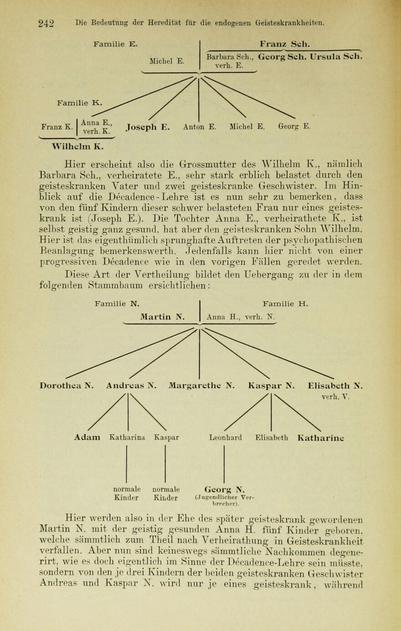 Familie K. Michel E. Franz Seh. Barbara Seh., Georg Seh. Ursula Seh. verh. E. Familie Franz K. Anna E., verh.K. Joseph E. Anton E. Michel E. Georg E. Wilhelm K. Hier erscheint also die Grossmutter des Wilhelm K., nämlich Barbara Seh., verheiratete E., sehr stark erblich belastet durch den geisteskranken Vater und zwei geisteskranke Geschwister. Im Hin- blick auf die Decadence-Lehre ist es nun sehr zu bemerken, dass von den fünf Kindern dieser schwer belasteten Frau nur eines geistes- krank ist (Joseph E.). Die Tochter Anna E., verheirathete K., ist selbst geistig ganz gesund, hat aber den geisteskranken Sohn Wilhelm. Hier ist das eigenthümlich sprunghafte Auftreten der psychopathischen Beanlagung bemerkenswerth. Jedenfalls kann hier nicht von einer progressiven Decadence wie in den vorigen Fällen geredet werden. Diese Art der Vertheilung bildet den Ucbergang zu der in dem folgenden Stammbaum ersichtlichen: Familie N. Martin N. Familie H. Anna H., verh. N. Dorothea N Elisabeth N. verh.V. Katharine normale Kinder normale KiLder Georg N. (Jugendlicher Ver- b rech er). Hier werden also in der Ehe des später geisteskrank gewordenen Martin N. mit der geistig gesunden Anna H. fünf Kinder geboren, welche sämmtlich zum Theil nach Verheirathung in Geisteskrankheit verfallen. Aber nun sind keineswegs sämmtliche Nachkommen degene- rirt, wie es doch eigentlich im Sinne der Decadence-Lehre sein müsste, sondern von den je drei Kindern der beiden geisteskranken Geschwister Andreas und Kaspar N. wird nur je eines geisteskrank, während