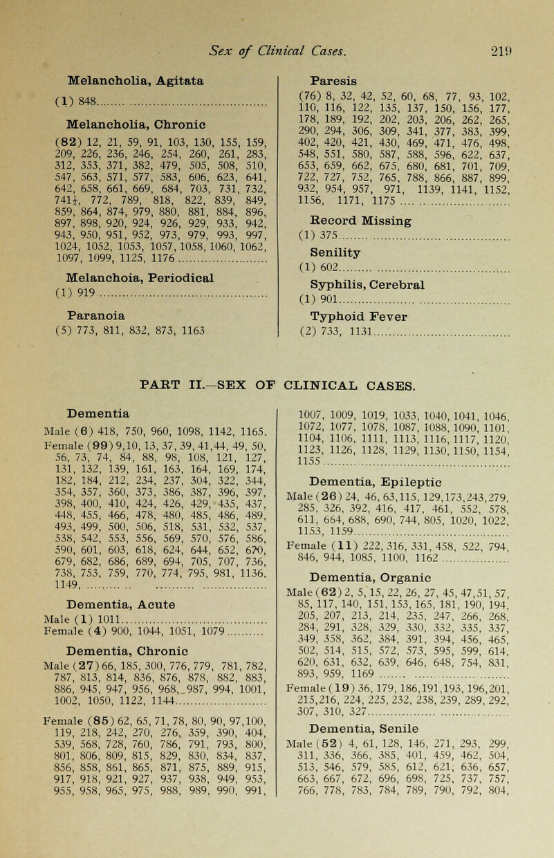 Melancholia, Agitata (1) 848 Melancholia, Chronic (82) 12, 21, 59, 91, 103, 130, 155, 159, 209, 226, 236, 246, 254, 260, 261, 283, 312, 353, 371, 382, 479, 505, 508, 510, 547, 563, 571, 577, 583, 606, 623, 641, 642, 658, 661, 669, 684, 703, 731, 732, 74H, 772, 789, 818, 822, 839, 849, 859, 864, 874, 979, 880, 881, 884, 896, 897, 898, 920, 924, 926, 929, 933, 942, 943, 950, 951, 952, 973, 979, 993, 997, 1024, 1052, 1053, 1057, 1058, 1060, 1062, 1097, 1099, 1125, 1176 Melanchoia, Periodical (1) 919 Paranoia (5) 773, 811, 832, 873, 1163 Paresis (76) 8, 32, 42, 52, 60, 68, 77, 93, 102, 110, 116, 122, 135, 137, 150, 156, 177, 178, 189, 192, 202, 203, 206, 262, 265, 290, 294, 306, 309, 341, 377, 383, 399, 402, 420, 421, 430, 469, 471, 476, 498, 548, 551, 580, 587, 588, 596, 622, 637, 653, 659, 662, 675, 680, 681, 701, 709, 722, 727, 752, 765, 788, 866, 887, 899, 932, 954, 957, 971, 1139, 1141, 1152, 1156, 1171, 1175 Record Missing (1) 375 Senility (1) 602 Syphilis, Cerebral (1) 901 Typhoid Fever (2) 733, 1131 PART II.—SEX OP CLINICAL CASES. Dementia Male (6) 418, 750, 960, 1098, 1142, 1165. Female (99) 9,10, 13, 37, 39, 41,44, 49, 50, 56, 73, 74, 84, 88, 98, 108, 121, 127, 131, 132, 139, 161, 163, 164, 169, 174, 182, 184, 212, 234, 237, 304, 322, 344, 354, 357, 360, 373, 386, 387, 396, 397, 398, 400, 410, 424, 426, 429, 435, 437, 448, 455, 466, 478, 480, 485, 486, 489, 493, 499, 500, 506, 518, 531, 532, 537, 538, 542, 553, 556, 569, 570, 576, 586, 590, 601, 603, 618, 624, 644, 652, 6?0, 679, 682, 686, 689, 694, 705, 707, 736, 738, 753, 759, 770, 774, 795, 981, 1136, 1149 Dementia, Acute Male (1) 1011 Female (4) 900, 1044, 1051, 1079 Dementia, Chronic Male (27) 66, 185, 300, 776, 779, 781, 782, 787, 813, 814, 836, 876, 878, 882, 883, 886, 945, 947, 956, 968, 987, 994, 1001, 1002, 1050, 1122, 1144 Female (85) 62, 65, 71, 78, 80, 90, 97,100, 119, 218, 242, 270, 276, 359, 390, 404, 539, 568, 728, 760, 786, 791, 793, 800, 801, 806, 809, 815, 829, 830, 834, 837, 856, 858, 861, 865, 871, 875, 889, 915, 917, 918, 921, 927, 937, 938, 949, 953, 955, 958, 965, 975, 988, 989, 990, 991, 1007, 1009, 1019, 1033, 1040, 1041, 1046, 1072, 1077, 1078, 1087, 1088, 1090, 1101 1104, 1106, 1111, 1113, 1116,1117, 1120 1123, 1126, 1128, 1129, 1130, 1150, 1154, 1155 Dementia, Epileptic Male (26) 24, 46,63,115, 129,173,243,279, 285, 326, 392, 416, 417, 461, 552, 578, 611, 664, 688, 690, 744, 805, 1020, 1022, 1153, 1159 Female (11) 222,316, 331, 458, 522, 794 846, 944, 1085, 1100, 1162 Dementia, Organic Male (62) 2, 5, 15, 22, 26, 27, 45, 47,51, 57 85, 117, 140, 151, 153, 165, 181, 190, 194 205, 207, 213, 214, 235, 247, 266, 268, 284, 291, 328, 329, 330, 332, 335, 337, 349, 358, 362, 384, 391, 394, 456, 465, 502, 514, 515, 572, 573, 595, 599, 614, 620, 631, 632, 639, 646, 648, 754, 831, 893, 959, 1169 Female(19)36, 179, 186,191,193,196,201, 215,216, 224, 225, 232, 238, 239, 2S9, 292, 307, 310, 327 Dementia, Senile Male (52) 4, 61, 128, 146, 271, 293, 299, 311, 336, 366, 385, 401, 459, 462, 504, 513, 546, 579, 585, 612, 621, 636, 657, 663, 667, 672, 696, 698, 725, 737, 757, 766, 778, 783, 784, 789, 790, 792, 804,