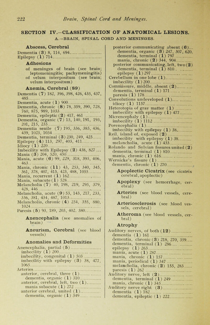 SECTION IV.—CLASSIFICATION OF ANATOMICAL LESIONS. A. -BRAIN, SPINAL CORD AND MENINGES. Abscess, Cerebral Dementia (3) 8, 114, 694 Epilepsy (1) 714 Adhesions of meninges of brain (see brain; leptomeningitis; pachymeningitis) of velum interpositum (see brain; velum interpositum) Anemia, Cerebral (89) Dementia (7) 182, 396, 398, 426, 435, 437, 485 Dementia, acute (1) 900 Dementia, chronic (8) 78, 359, 390, 728, 760, 875, 989, 1033 Dementia, epileptic (2) 417, 461 Dementia, organic (7) 15, 140, 191, 193, 201, 215, 235 Dementia senile (7) 195, 336, 385, 436, 439, 1023, 1034 Dementia, terminal (3)230, 249, 425 Epilepsy (4) 113, 297, 403, 411 Idiocy (1) 220 Imbecility with Epilepsy (2) 438, 827 ... Mania (3) 204, 520, 450 Mania, acute (6) 99, 229, 318, 395, 406, 463 Mania, chronic (11) 43, 253, 340, 345, 361, 378, 407, 415, 423, 488, 1055 Mania, recurrent (1) 162 , Mania, subacute(l) 528 Melancholia (7) 40, 198, 219, 295, 379, 428, 446 Melancholia, acute (9)53, 143, 217, 233, 356, 381, 434, 487, 1013 Melancholia, chronic (4) 254, 355, 880, 1024 Paresis (5) 93, 189, 203, 402. 580 Anencephalia (see anomalies of brain) Aneurism, Cerebral (see bloorl vessels) Anomalies and Deformities Anencephalia, partial (5) imbecility (1) 200 imbecility, congenital (1) 503 imbecility with epilepsy (3) 3S, 477, 1065 Arteries anterior, cerebral, three (1) dementia, organic (1) 310 anterior, cerebral, left, two (1) mania subacute (1) 272 anterior cerebral, united (1) posterior communicating absent (6).... dementia, organic (3) 247, 307, 620. dementia, terminal (1) 797 mania, chronic (2) 344, 904 posterior communicating, left, two(2) dementia, terminal (1) 810 epilepsy (1)297 Cerebellum in one lobe (1) imbecility (1)200 Commissure, middle, absent (2) dementia, terminal (1) 171 paresis (1) 178 Convolutions undeveloped (1) idiocy (1) 1157 Heterotopia of gray matter (1) imbecility with epilepsy (1) 477 Micrencephaly (1) imbecility (1) 1112 .....' Porencephalia (1) imbeciltiy with epilepsy (1) 38 Reil, island of, exposed (2) imbecility with epilepsy (1) 38 melancholia, acute (1) 433 Rolando and Sylvian fissures united (2) dementia, terminal (1) 810 mania, chronic (1) 616 Wernicke's fissure (1) dementia, chronic (1) 270 Apoplectic Cicatrix (see cicatrix cerebral, apoplectic) Apoplexy (see hemorrhage, cer- ebral ) Arteries (see blood vessels, cere- bral) Arteriosclerosis (see blood ves- sels, cerebral) Atheroma (see blood vessels, cer- bral) Atrophy Auditory nerves, of both (12) dementia (1) 161 dementia, chronic (3) 218, 270, 359.... dementia, terminal (1) 286 epilepsy (1) 263 mania, acute (1) 287 mania, chronic (1) 157 mania, periodical (1) 347 melancholia, chronic (2) 155, 283 paresis (1) 262 Auditory nerve, left (2) dementia, terminal (1) 249 mania, chronic (1) 345 Auditory nerve right (3) dementia (1) 182