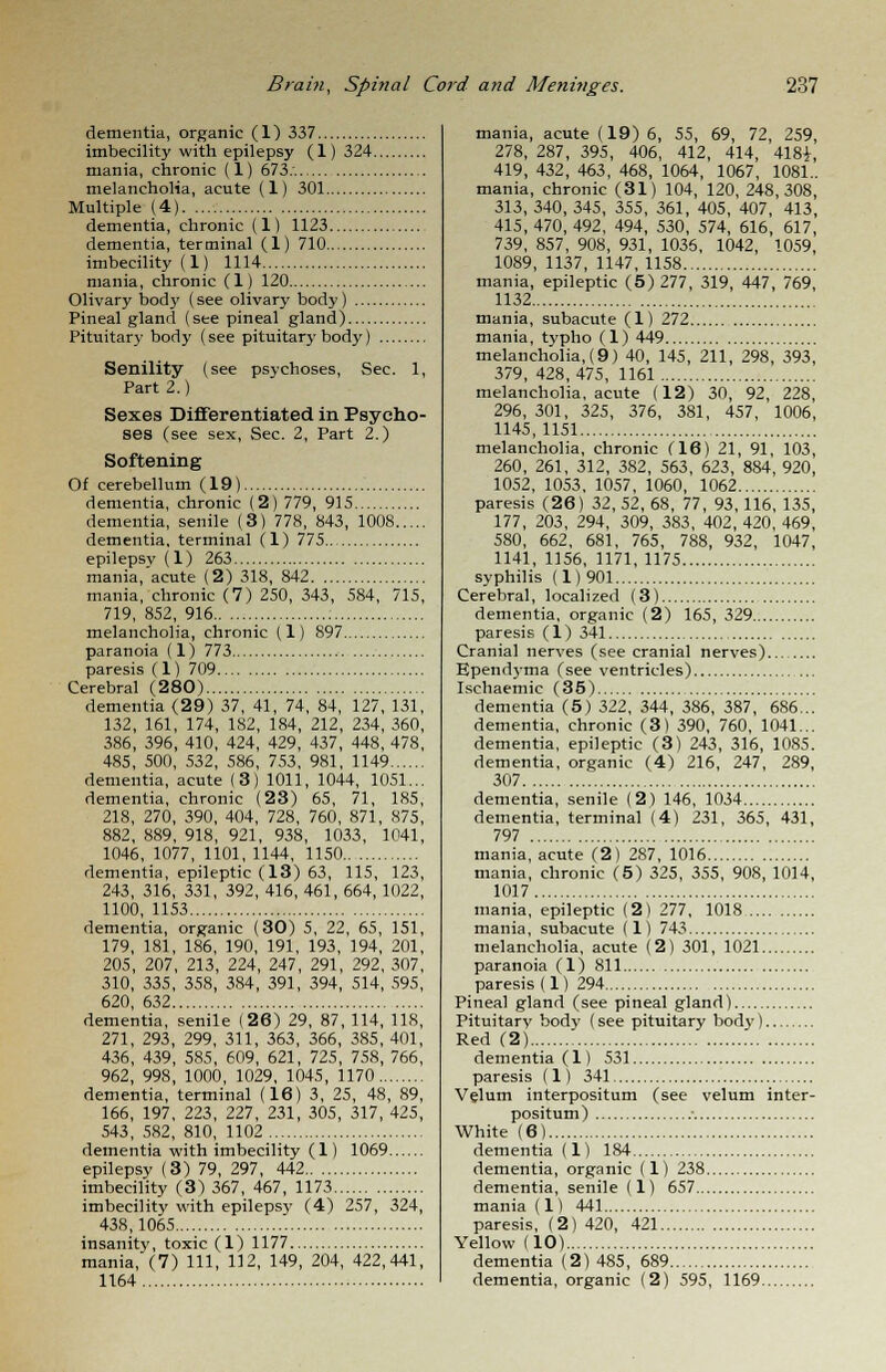 dementia, organic (1) 337 imbecility with epilepsy (1) 324 mania, chronic (1) 673:. melancholia, acute (1) 301 Multiple (4) dementia, chronic (1) 1123 dementia, terminal (1) 710 imbecility (1) 1114 mania, chronic (1) 120 Olivary bod}' (see olivary body) Pineal gland (see pineal gland) Pituitary body (see pituitary body) Senility (see psychoses, Sec. 1, Part 2.) Sexes Differentiated in Psycho- ses (see sex, Sec. 2, Part 2.) Softening Of cerebellum (19) dementia, chronic (2) 779, 915 dementia, senile (3) 778, 843, 1008 dementia, terminal (1) 775.. epilepsy (1) 263 mania,'acute (2) 318, 842 mania, chronic (7) 250, 343, 584, 715, 719, 852, 916 melancholia, chronic (1) 897 paranoia (1) 773 paresis (1) 709 Cerebral (280) dementia (29) 37, 41, 74, 84, 127, 131, 132, 161, 174, 182, 184, 212, 234, 360, 386, 396, 410, 424, 429, 437, 448, 478, 485, 500, 532, 586, 753, 981, 1149 dementia, acute (3) 1011, 1044, 1051... dementia, chronic (23) 65, 71, 185, 218, 270, 390, 404, 728, 760, 871, 875, 882, 889, 918, 921, 938, 1033, 1041, 1046, 1077, 1101, 1144, 1150 dementia, epileptic (13) 63, 115, 123, 243, 316, 331, 392, 416, 461, 664, 1022, 1100, 1153 dementia, organic (30) 5, 22, 65, 151, 179, 181, 186, 190, 191, 193, 194, 201, 205, 207, 213, 224, 247, 291, 292, 307, 310, 335, 358, 384, 391, 394, 514, 595, 620, 632 dementia, senile (26) 29, 87, 114, 118, 271, 293, 299, 311, 363, 366, 385, 401, 436, 439, 585, 609, 621, 725, 758, 766, 962, 998, 1000, 1029, 1045, 1170 dementia, terminal (16) 3, 25, 48, 89, 166, 197, 223, 227, 231, 305, 317, 425, 543, 582, 810, 1102 dementia with imbecility (1) 1069 epilepsy (3) 79, 297, 442 imbecility (3)367, 467, 1173 imbecility with epilepsy (4) 257, 324, 438,1065 insanity, toxic (1) 1177 mania, (7) 111, 112, 149, 204, 422,441, 1164 mania, acute (19) 6, 55, 69, 72, 259, 278, 287, 395, 406, 412, 414, 418|, 419, 432, 463, 468, 1064, 1067, 1081.. mania, chronic (31) 104, 120, 248,308, 313, 340, 345, 355, 361, 405, 407, 413, 415, 470, 492, 494, 530, 574, 616, 617, 739, 857, 908, 931, 1035, 1042, 1059, 1089, 1137, 1147, 1158 mania, epileptic (5) 277, 319, 447, 769, 1132 mania, subacute (1) 272 mania, typho (1) 449 melancholia, (9) 40, 145, 211, 298, 393, 379, 428,475, 1161 melancholia, acute (12) 30, 92, 228, 296, 301, 325, 376, 381, 457, 1006, 1145,1151 melancholia, chronic (16) 21, 91, 103, 260, 261, 312, 382, 563, 623, 884, 920, 1052, 1053, 1057, 1060, 1062 paresis (26) 32, 52, 68, 77, 93,116, 135, 177, 203, 294, 309, 383, 402, 420, 469, 580, 662, 681, 765, 788, 932, 1047, 1141, 1156, 1171, 1175 syphilis (1) 901 Cerebral, localized (3) dementia, organic (2) 165, 329 paresis (1) 341 Cranial nerves (see cranial nerves) Ependyma (see ventricles) Ischaemic (35) dementia (5) 322, 344, 386, 387, 686... dementia, chronic (3) 390, 760, 1041... dementia, epileptic (3) 243, 316, 1085. dementia, organic (4) 216, 247, 289, 307 dementia, senile (2) 146, 1034 dementia, terminal (4) 231, 365, 431, 797 mania, acute (2) 287, 1016 mania, chronic (5) 325, 355, 908, 1014, 1017 mania, epileptic (2) 277, 1018 mania, subacute (1) 743 melancholia, acute (2) 301, 1021 paranoia (1) 811 paresis (1) 294 Pineal gland (see pineal gland) Pituitary body (see pituitary body) Red (2) dementia (1) 531 paresis (1) 341 Velum interpositum (see velum inter- positum) • White (6) dementia (1) 184 dementia, organic (1) 238 dementia, senile (1) 657 mania (1) 441 paresis, (2) 420, 421 Yellow (10) dementia (2)485, 689 dementia, organic (2) 595, 1169