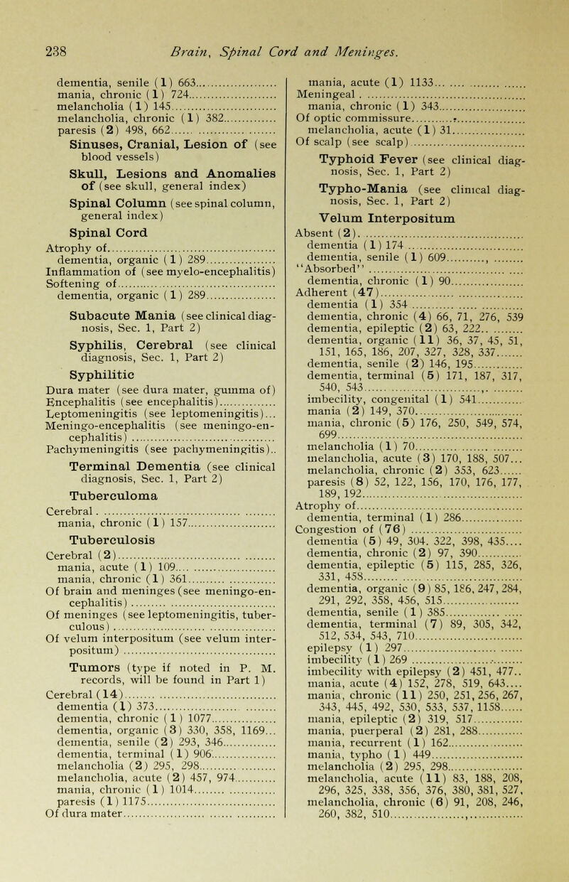 dementia, senile (1) 663 mania, chronic (1) 724 melancholia (1) 145 melancholia, chronic (1) 382 paresis (2) 498, 662 Sinuses, Cranial, Lesion of (see blood vessels) Skull, Lesions and Anomalies of (see skull, genera] index) Spinal Column (seespinal column, general index) Spinal Cord Atrophy of dementia, organic (1) 289 Inflammation of (see myelo-encephalitis) Softening of dementia, organic (1) 289 Subacute Mania (see clinical diag- nosis, Sec. 1, Part 2) Syphilis, Cerebral (see clinical diagnosis, Sec. 1, Part 2) Syphilitic Dura mater (see dura mater, gumma of) Encephalitis (see encephalitis) Leptomeningitis (see leptomeningitis)... Meningo-encephalitis (see meningoen- cephalitis) Pachymeningitis (see pachymeningitis).. Terminal Dementia (see clinical diagnosis, Sec. 1, Part 2) Tuberculoma Cerebral mania, chronic (1) 157 Tuberculosis Cerebral (2) mania, acute (1) 109 mania, chronic (1) 361 Of brain and meninges (see meningo-en- cephalitis ) Of meninges (see leptomeningitis, tuber- culous) Of velum interpositum (see velum inter- positum) Tumors (type if noted in P. M. records, will be found in Part 1) Cerebral (14) dementia (1) 373 dementia, chronic (1) 1077 dementia, organic (3) 330, 358, 1169... dementia, senile (2) 293, 346 dementia, terminal (1) 906. melancholia (2) 295, 298 melancholia, acute (2) 457, 974 mania, chronic (1) 1014 paresis (1) 1175 Of dura mater mania, acute (1) 1133 Meningeal mania, chronic (1) 343 Of optic commissure r melancholia, acute (1) 31 Of scalp (see scalp) Typhoid Fever (see clinical diag- nosis, Sec. 1, Part 2) Typho-Mania (see clinical diag- nosis, Sec. 1, Part 2) Velum Interpositum Absent (2) dementia (1) 174 dementia, senile (1) 609 , Absorbed dementia, chronic (1) 90 Adherent (47) dementia (1) 354 dementia, chronic (4) 66, 71, 276, 539 dementia, epileptic (2) 63, 222 dementia, organic (11) 36, 37, 45, 51, 151, 165, 186, 207, 327, 328, 337 dementia, senile (2) 146, 195 dementia, terminal (5) 171, 187, 317, 540, 543 imbecility, congenital (1) 541 mania (2) 149, 370 mania, chronic (5) 176, 250, 549, 574, 699 melancholia (1) 70 melancholia, acute (3) 170, 188, 507... melancholia, chronic (2) 353, 623 paresis (8) 52, 122, 156, 170, 176, 177, 189, 192 Atrophy of dementia, terminal (1) 286 Congestion of (76) dementia (5) 49, 304. 322, 398, 435.... dementia, chronic (2) 97, 390 dementia, epileptic (5) 115, 285, 326, 331, 458 dementia, organic (9) 85, 186, 247, 284, 291, 292, 358, 456, 515 dementia, senile (1) 385 dementia, terminal (7) 89, 305, 342, 512,534, 543, 710 epilepsy (1) 297 imbecility (1) 269 • imbecility with epilepsy (2) 451, 477.. mania, acute (4) 152, 278, 519, 643.... mania, chronic (11) 250, 251, 256, 267, 343, 445, 492, 530, 533, 537, 1158 mania, epileptic (2) 319, 517 mania, puerperal (2) 281, 288 mania, recurrent (1) 162 mania, typho (1) 449 melancholia (2) 295, 298 melancholia, acute (11) 83, 188, 208, 296, 325, 338, 356, 376, 380, 381, 527, melancholia, chronic (6) 91, 208, 246, 260, 382, 510