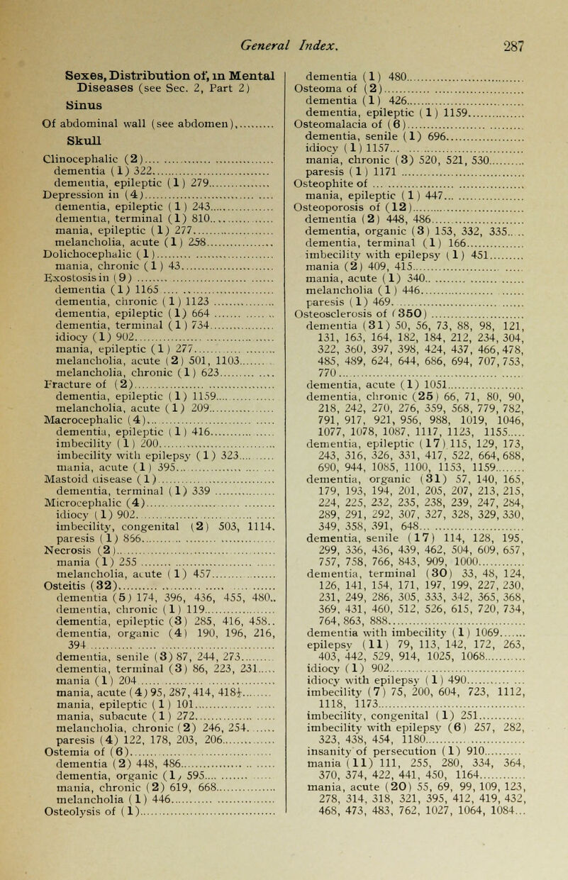 Sexes, Distribution of, in Mental Diseases (see Sec. 2, Part 2) Sinus Of abdominal wall (see abdomen) Skull Clinocephalic (2) dementia (1) 322 dementia, epileptic (1) 279 Depression in (4) dementia, epileptic (1) 243 dementia, terminal (1) 810 mania, epileptic (1) 277 melancholia, acute (1) 258 Dolichocephalic (1) mania, chronic (1) 43 Exostosis in (9) dementia (1) 1165 dementia, chronic (1) 1123 dementia, epileptic (1) 664 dementia, terminal (1) 734 idiocy (1) 902 mania, epileptic (1) 277 melancholia, acute (2) 501, 1103 melancholia, chronic (1) 623 Fracture of (2) dementia, epileptic (1) 1159 melancholia, acute (1) 209 Macrocephalic (4) dementia, epileptic (1) 416 imbecility (1) 200 imbecility with epilepsy (1) 323 mania, acute (1) 395 Mastoid disease (1) dementia, terminal (1) 339 Microcephalic (4) idiocy (1) 902. imbecility, congenital (2) 503, 1114. paresis (1; 856 Necrosis (2) mania (1) 255 melancholia, acute (1) 457 Osteitis (32) dementia (5) 174, 396, 436, 455, 480.. dementia, chronic (1) 119 dementia, epileptic (8) 285, 416, 458.. dementia, organic (4) 190, 196, 216, 394 dementia, senile (3)87, 244, 273 dementia, terminal (3) 86, 223, 231 mania (1) 204 mania, acute (4)95, 287,414, 4181 mania, epileptic (1) 101 mania, subacute (1) 272 melancholia, chronic (2) 246,254 paresis (4) 122, 178, 203, 206 Ostemia of (6) dementia (2) 448, 486 dementia, organic (1/ 595 mania, chronic (2) 619, 668 melancholia (1) 446 Osteolysis of ( 1) dementia (1) 480 Osteoma of (2) dementia (1) 426 dementia, epileptic (1) 1159 Osteomalacia of (6) dementia, senile (1) 696 idiocy (1) 1157 mania, chronic (3) 520, 521, 530 paresis (1) 1171 Osteophite of mania, epileptic (1)447 Osteoporosis of (12) dementia (2) 448, 486 dementia, organic (3) 153, 332, 335.. .. dementia, terminal (1) 166 imbecility with epilepsy (I) 451 mania (2) 409, 415 mania, acute (1) 340 melancholia (1) 446 paresis (1) 469 Osteosclerosis of (350) dementia (31) 50, 56, 73, S8, 98, 121, 131, 163, 164, 182, 184, 212, 234, 304, 322, 3b0, 397, 398, 424, 437, 466,478, 485, 489, 624, 644, 686, 694, 707, 753, 770 dementia, acute (1) 1051 dementia, chrome (25) 66, 71, 80, 90, 218, 242, 270, 276, 359, 568, 779, 782, 791, 917, 921, 956, 988, 1U19, 1046, 1077, 1078, 1087, 1117, 1123, 1155 dementia, epileptic (17) 115, 129, 173, 243, 316, 326, 331, 417, 522, 664, 688, 690, 944, 1085, 1100, 1153, 1159 dementia, organic (31) 57, 140, 165, 179, 193, 194, 201, 205, 207, 213, 215, 224, 225, 232, 235, 238, 239, 247, 284, 289, 291, 292, 307, 327, 328, 329, 330, 349, 35S, 391, 648 dementia, senile (17) 114, 128, 195, 299, 336, 436, 439, 462, 504, 609, 657, 757, 758, 766, 843, 909, 1000 dementia, terminal (30) 33, 48, 124, 126, 141, 154, 171, 197, 199, 227, 230, 231, 249, 286, 305, 333, 342, 365, 368, 369, 431, 460, 512, 526, 615, 720, 734, 764,863, 888 dementia with imbecility (1) 1069 epilepsy (11) 79, 113, 142, 172, 263, 403, 442, 529, 914, 1025, 1068 idiocy (1) 902 idiocy with epilepsy (1) 490 imbecility (7) 75, 200, 604, 723, 1112, 1118, 1173 imbecility, congenital (1) 251 imbecility with epilepsy (6) 257, 282, 323, 438, 454, 1180 insanity of persecution (1) 910 mania (11) 111, 255, 280, 334, 364, 370, 374, 422, 441, 450, 1164 mania, acute (20) 55, 69, 99, 109, 123, 278, 314, 318, 321, 395, 412, 419, 432, 468, 473, 483, 762, 1027, 1064, 1084...