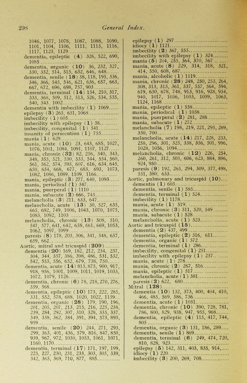 1046, 1077, 1078, 1087, 1088, 1090, 1101, 1104, 1106, 1111, 1113, 1116, 1117, 1123, 1129 dementia, epileptic (4) 326, 522, 690, 1085 dementia, organic (10) 36, 232, 327, 330, 332, 514, 515, 632, 646, 648 dementia, senile ( 18) 58, 118, 195, 336, 346, 366, 545, 546, 621, 636, 657, 663, 667, 672, 696, 698, 757,903 dementia, terminal (14) 154, 210,317, 333, 368, 509, 512, 513, 526, 534, 535, 540, 543. 1002 dementia with imbecility ( 1) 1069 epilepsy (3) 263, 651, 1068 imbecility (1)605 imbecility with epilepsy I 1) 38 imbecility, congenital (1) 541 insanity of persecution (1) 755 mania (1) 629 mania, acute (10) 23,643,685,1027, 1076, 1081, 1084, 1091, 1107, 1127 mania, chronic (32) 82, 256, 340, 343, 34S, 355, 521, 530, 533, 544, 554, 560, 561, 562, 574, 593, 607, 616, 634, 645, 650, 654, 668, 677, 683, 693, 1073, 1082, 1086, 1089, 1109, 1166 mania, epileptic (3) 277, 640, 1093 mania, periodical (1) 347 mania, puerperal (1) 1110 mania, subacute (2) 666, 743 melancholia (3) 211, 633, 647 melancholia, acute (13) 30,527,635, 665, 692, 749, 1006, 1043, 1070, 1075, 1083, 1092, 1103 melancholia, chronic (13) 508, 510, 547, 577, 641, 642, 658, 661, 669, 1053, 1062, 1097, 1099 paresis (8) 178, 203, 306, 341, 548, 637, 659, 662 Aortic, mitral and tricuspid (209) dementia (20) 169, 182, 212, 234, 237, 304, 344, 357, 386, 398, 486, 531, 532, 542, 553, 556, 652, 679, 738, 750 dementia, acute (14) 815,875, 900, 917, 91S, 956, 1001, 1009, 1011, 1019, 1033, 1072, 1079, 1126 dementia, chronic (6) 7S, 218,270,276, 359, 568 dementia, epileptic (10) 173, 222, 285, 331, 552, 578, 688, 1020, 1022, 1159... dementia, organic (28) 179, 190, 196, 201, 205, 207, 213, 215, 216, 225, 238, 239, 284, 292, 307, 310, 328, 335, 337, 349, 358, 362, 384, 391, 394, 573, 893, 959 dementia, senile (20) 244, 271, 293, 299, 363, 401, 436, 579, 816, 847,850, 939, 967, 972, 1030, 1053, 1061, 1071, 1160,1170 dementia, terminal (17) 171, 197, 199, 223, 227, 230, 231, 233, 303, 305, 339, 342, 365, 369, 710, 877, 885 epilepsy (1) 297 idiocy (1) 1121 imbecility (2) 367, 555 imbecility with epilepsy (1) 324 mania (5) 204, 255, 364, 370, 567 mania, acute (8) 229, 314, 318, 321, 414, 550, 608, 687 mania, alcoholic (1) 1119 mania, chronic (28) 248, 250, 253, 264, 308,313, 315, 361, 537, 557, 564, 594, 619, 630, 678, 748, 913, 916, 928, 934, 940, 1017, 1036, 1055, 1059, 1063, 1124, 1168 mania, epileptic (1) 558 mania, periodical (1) 1038 mania, puerperal (2) 281, 288 mania, subacute (1) 272 melancholia (7) 198, 219, 221, 295, 289, 350, 700 melancholia, acute (14) 217, 228, 233, 258, 296, 301, 325, 338, 356, 501, 996, 1028, 1056, 1094 melancholia, chronic (12) 226, 254, 260, 261, 312, 505, 606, 623, 884, 896, 924,950 paresis (9) 192, 265, 294, 309, 377,498, 551, 580, 653 Aortic, pulmonary and tricuspid (10).... dementia (1) 603 dementia, senile (1) 585 dementia, terminal (1) 524 imbecility (1) 1178 mania, acute (1) 519 mania, chronic (3) 511, 520, 549 mania, subacute (1) 528. . melancholia, acute (1) 523 Aortic and tricuspid (15) dementia (2) 437, 499 dementia, epileptic (2) 316, 611 dementia, organic (1) 572 dementia, terminal (1) 286 imbecility, congenital (1) 251 imbecility with epilepsy (1) 257 mania, acute (1) 278 mania, chronic (2) 267, 516 mania, epileptic (1) 517 melancholia, acute ( 1) 381 paresis (2) 622, 680 Mitral (128) dementia (10) 132, 373, 400, 404, 410, 466, 485, 569, 586, 736 dementia, acute (1) 1051 dementia, chronic (10) 390, 728, 781, 786, 800, 829, 938, 947, 955, 968 dementia, epileptic (4) 115, 417, 744, 805 dementia, organic (3) 151, 186, 289 dementia, senile (1) 869 dementia, terminal (6) 249, 474, 720, 810, 828, 923 epilepsy (5) 142, 311, 403, 835, 914 idiocy (1) 220 imbecility (3) 200, 269, 708