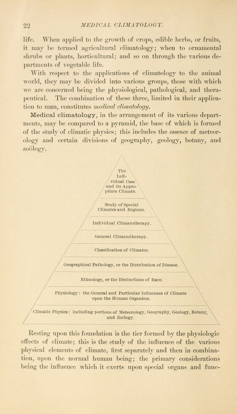 life. When applied to the growth <>f crops, edible herbs, or fruits, it may be termed agricultural climatology; when to ornamental shrubs or plants, horticultural; and so on through the various de- partments of vegetable life. With respect to the applications of climatology to the animal world, they may be divided into various groups, those with which we are concerned being the physiological, pathological, and thera- peutical. The combination of these three, limited in their applica- tion to man, constitutes medical climatology. Medical climatology, in the arrangement of its various depart- ments, may be compared to a pyramid, the base of which is formed of the study of climatic physics; this includes the essence of meteor- ology and certain divisions of geography, geology, botany, and zoology. The Indi- vidual Case and its Appro- priate Climate. Study of Special Climates and Regions. Individual Climatotherapy. General Climatotherapy. Classification of Climates. Geographical Pathology, or the Distribution of Disease. Ethnology, or the Distinctions of Race. Physiology : the General and Particular Influences of Climate upon the Human Organism. Climatic Physics: including portions of Meteorology, Geography, Geology, Botany, and Zoology. Resting upon this foundation is the tier formed by the physiologic effects of climate; this is the study of the influence of the various physical elements of climate, first separately and then in combina- tion, upon the normal human being; the primary considerations being the influence which it exerts upon special organs and fane-