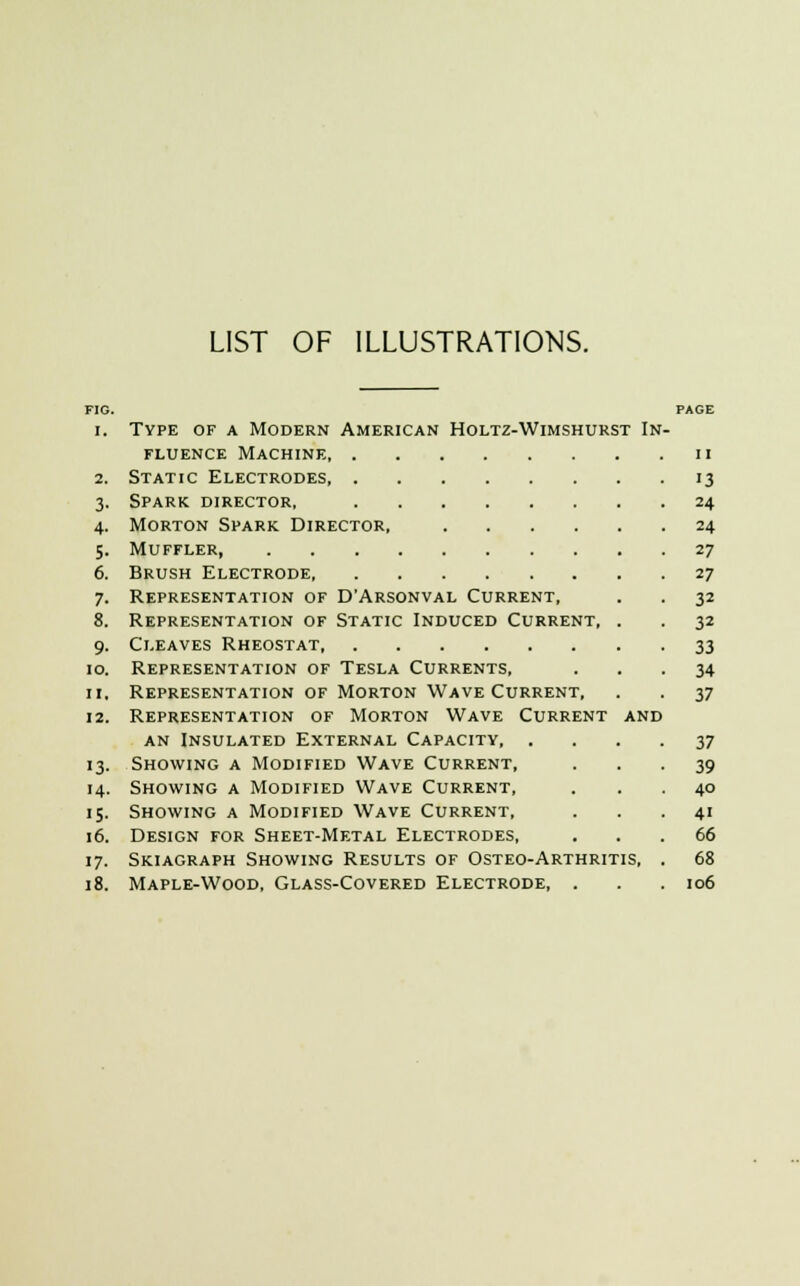 LIST OF ILLUSTRATIONS. FIG. i. Type of a Modern American Holtz-Wimshurst In fluence Machine, . 2. Static Electrodes, . 3. Spark director, 4. Morton Spark Director, 5. Muffler 6. Brush Electrode, 7. Representation of D'Arsonval Current, 8. Representation of Static Induced Current, 9. Cleaves Rheostat, 10. Representation of Tesla Currents, 11. Representation of Morton Wave Current, 12. Representation of Morton Wave Current and an Insulated External Capacity, 13. Showing a Modified Wave Current, 14. Showing a Modified Wave Current, 15. Showing a Modified Wave Current, 16. Design for Sheet-Metal Electrodes, 17. Skiagraph Showing Results of Osteo-Arthritis, 18. Maple-Wood, Glass-Covered Electrode, . 11 '3 24 24 27 27 32 32 33 34 37 37 39 40 41 66 68 106