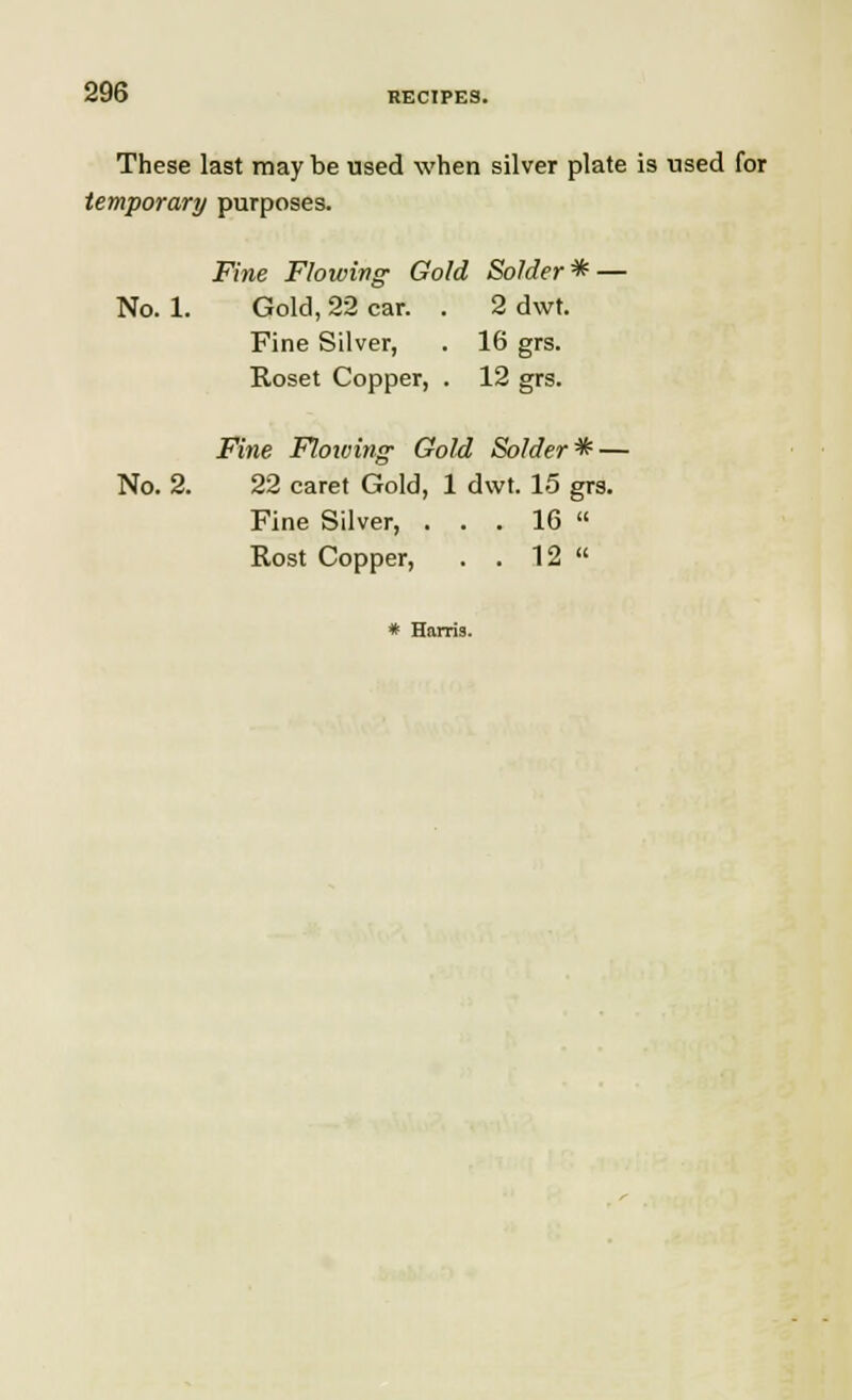 These last may be used when silver plate is used for temporary purposes. Fine Flowing Gold Solder * — No. 1. Gold, 22 car. . 2 dwt. Fine Silver, . 16 grs. Roset Copper, . 12 grs. Fine Flowing- Gold Solder * — No. 2. 22 caret Gold, 1 dwt. 15 grs. Fine Silver, ... 16  Rost Copper, . . 12  * Harris.