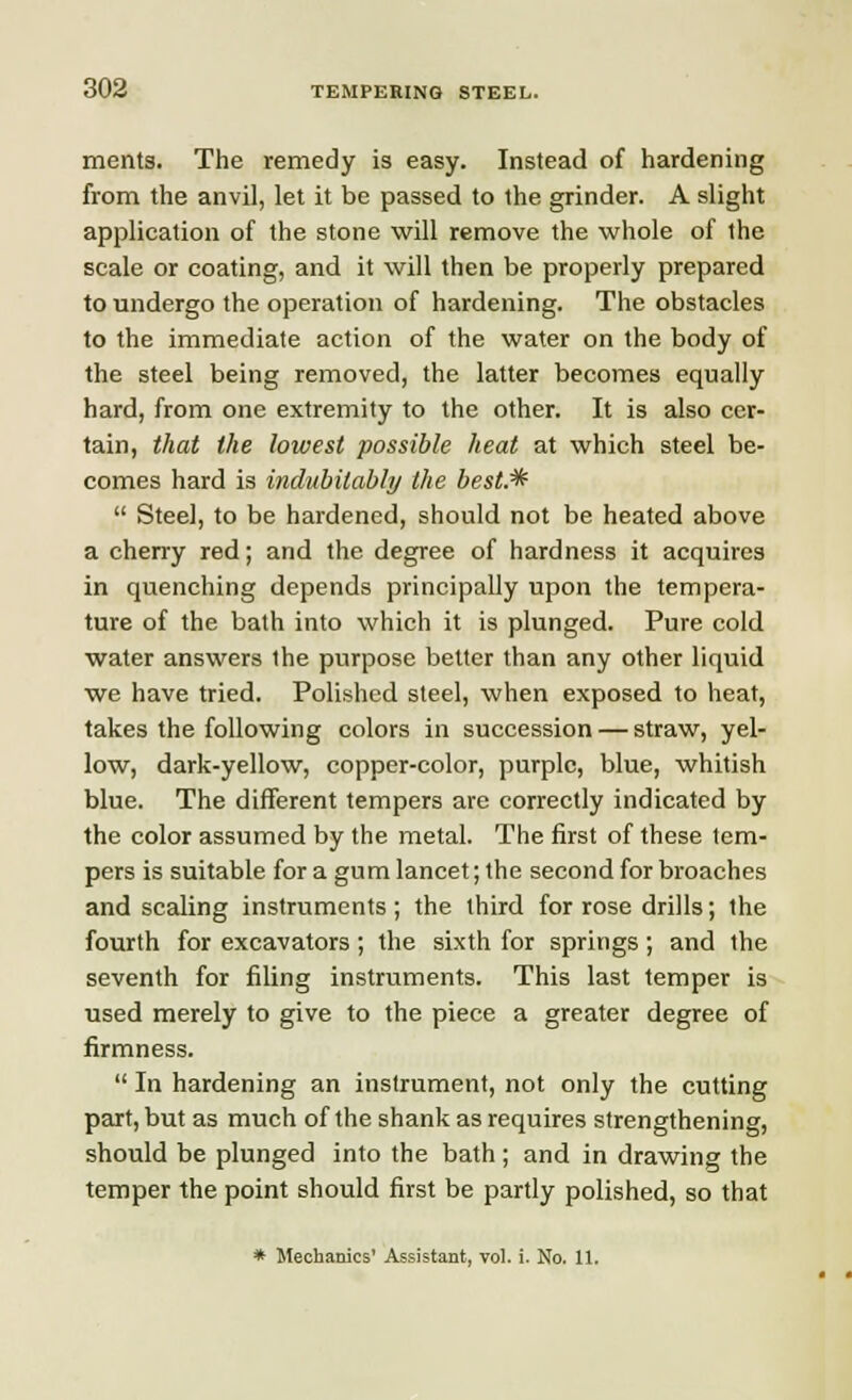 ments. The remedy is easy. Instead of hardening from the anvil, let it be passed to the grinder. A slight application of the stone will remove the whole of the scale or coating, and it will then be properly prepared to undergo the operation of hardening. The obstacles to the immediate action of the water on the body of the steel being removed, the latter becomes equally hard, from one extremity to the other. It is also cer- tain, that the lowest possible heat at which steel be- comes hard is indubitably the best.*  Steel, to be hardened, should not be heated above a cherry red; and the degree of hardness it acquires in quenching depends principally upon the tempera- ture of the bath into which it is plunged. Pure cold water answers ihe purpose better than any other liquid we have tried. Polished steel, when exposed to heat, takes the following colors in succession — straw, yel- low, dark-yellow, copper-color, purple, blue, whitish blue. The different tempers are correctly indicated by the color assumed by the metal. The first of these tem- pers is suitable for a gum lancet; the second for broaches and scaling instruments ; the third for rose drills; the fourth for excavators ; the sixth for springs; and the seventh for filing instruments. This last temper is used merely to give to the piece a greater degree of firmness.  In hardening an instrument, not only the cutting part, but as much of the shank as requires strengthening, should be plunged into the bath; and in drawing the temper the point should first be partly polished, so that * Mechanics' Assistant, vol. i. No. 11.