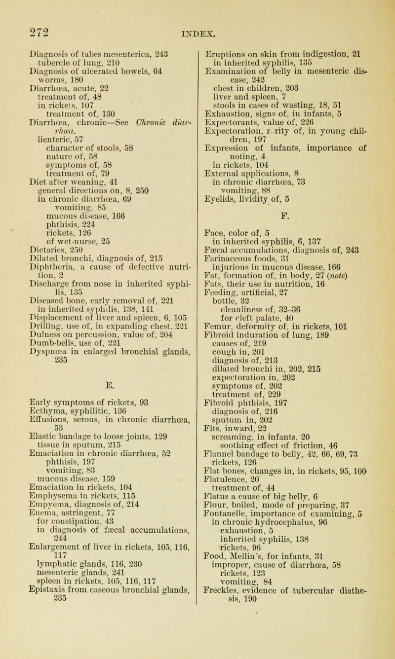 Diagnosis of tabes mesenterica, 243 tubercle of lung, 210 Diagnosis of ulcerated bowels, 64 worms, 180 Diarrlioea, acute, 23 treatment of, 48 in rickets, 107 treatment of, 130 Diarrhoea, chronic—Sec Chronic diar- rhaa. lienteric, 57 character of stools, 58 nature of, 58 symptoms of, 58 treatment of, 79 Diet after weaning, 41 general directions on, 8, 250 in chronic diarrhoea, 69 vomiting, 85 mucous disease, 166 phthisis, 224 rickets, 126 of wet-nurse, 25 Dietaries, 250 Dilaled bronchi, diagnosis of, 215 Diphtlieria, a cause of defective nutri- tion, 2 Discharge from nose in inherited syphi- hs, 135 Diseased bone, early removal of, 221 in inherited syphilis. 188, 141 Displacement of liver and spleen, 6. 105 Drilling, use of, in expanding chest. 221 Dulness on percussion, value of, 204 Dumb-bells, use of, 221 Dyspnoea in enlarged bronchial glands, 235 B. Earl.7 symptoms of rickets, 93 Ecthyma, syphilitic, 136 Effusions, serous, in chronic diarrhoea, 53 Elastic bandage to loose joints, 129 tissue in sputum. 215 Emaciation in chronic diarrhoea, 52 phthisis, 197 vomiting, 83 mucous disease, 159 Emaciation in rickets, 104 Emphysema in rickets, 115 Empyema, diagnosis of, 214 Enema, astringent, 77 for constipation, 48 in diagnosis of Isecal accumulations, 244 Enlargement of liver in rickets, 105, 116, ^117 lymphatic glands, 116, 230 mesenteric glands, 241 spleen in rickets, 105, 116, 117 Epistaxis from caseous bronchial glands, 235 Eruptions on skin from indigestion, 21 in inherited syphilis, 135 Examinalion of belly in mesenteric dis- ease, 242 chest in children, 203 liver and spleen, 7 stools in cases of wasting, 18, 51 Exhaustion, signs of, in infants, 5 Expectorants, value of, 226 Expectoration, r .rity of, in young chil- dren, 197 Expression of infants, importance of noting, 4 in rickets, 104 External applications, 8 in chronic diarrhoea, 73 vomiting, 88 Eyelids, lividity of, 5 F. Face, color of, 5 in inherited syphilis, 6, 137 Faecal accumulations, diagnosis of, 243 Farinaceous foods, 31 injurious in mucous disease, 166 Fat, formation of, in body, 27 {note) Fats, their use in nutrition, 16 Feeding, artificial, 27 bottle, 32 cleanliness of. 32-36 for cleft palate, 40 Femui', deformity of, in rickets, 101 Fibroid induration of lung, 189 causes of, 219 cough in, 201 diagnosis of, 213 dilated bronchi in, 202, 315 expectoration in, 202 symptoms of. 202 treatment of, 229 Fibroid phthi.sis, 197 diagnosis of, 316 sputum in, 202 Fits, inward, 22 screaming, in infants. 20 .soothing effect of friction, 46 Flannel bandage to belly, 42, 66, 69, 73 rickets, 126 Flat bones, changes in, in rickets, 95, 100- Flatulence, 20 treatment of, 44 Flatus a cause of big belly, 6 Flour, boiled, mode of preparing, 37 Fontanelle, importance of examining, 5 in chronic hydrocephalus, 96 exhaustion, 5 inheriled syphilis, 138 rickets, 96 Food, Mellin's, for infants, 31 improper, cause of diarrhoea, 58 rickets, 123 vomiting, 84 Freckles, evidence of tubercular diathe- sis, 190