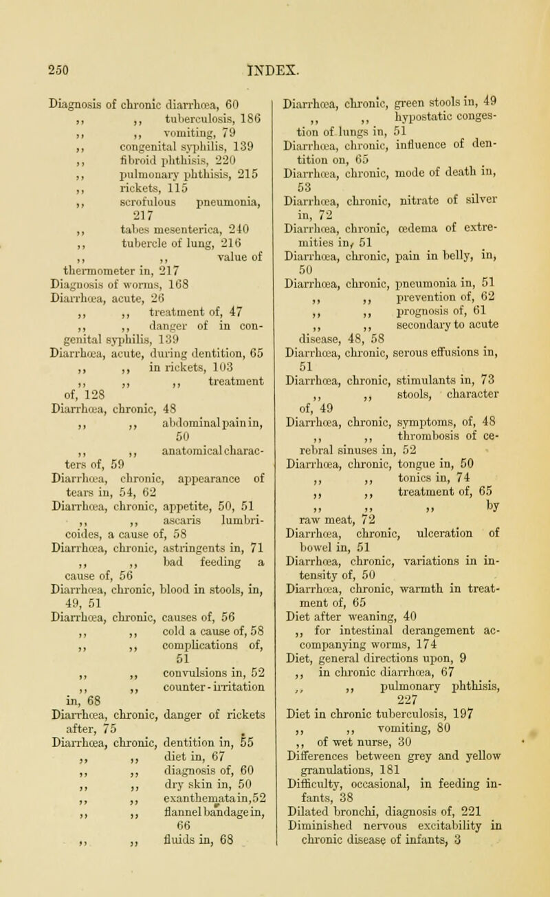 Diagnosis of chronic diarrhoea, 60 ,, ,, tuberculosis, 186 ,, ,, vomiting, 79 ,, congenital syphilis, 139 ,, fibroid phthisis, 220 ,, pulmonary phthisis, 215 ,, rickets, 115 ,, scrofulous pneumonia, 217 ,, tabes mesenterica, 240 ,, tubercle of lung, 216 ,, ,, value of thermometer in, 217 Diagnosis of worms, 168 Diarrhoea, acute, 26 ,, ,, treatment of, 47 „ ,, danger of in con- genital syphilis, 139 Diarrhoea, acute, during dentition, 65 ,, ,, in rickets, 103 ,, ,, ,, treatment of, 128 Diarrhoea, chronic, 48 ,, ,, abdominal pain in, 50 ,, ,, anatomical charac- ters of, 59 Diarrhoea, chronic, appearance of teal's in, 54, 62 Diarrhoea, chronic, appetite, 50, 51 ,, ,, ascaris lurnbri- coides, a cause of, 58 Diarrhoea, chronic, astringents in, 71 ,, ,, bad feeding a cause of, 56 Diarrhoea, chrome, blood in stools, in, 49, 51 Diarrhoea, chronic, causes of, 56 ,, ,, cold a cause of, 58 ,, ,, complications of, 51 ,, ,, convulsions in, 52 ,, ,, counter - irritation in, 68 Diarrhoea, chronic, danger of rickets after, 75 Diarrhoea, chronic, dentition in, 55 diet in, 67 diagnosis of, 60 dry skin in, 50 exanthemata in,52 flannel bandage in, 66 fluids in, 68 Diarrhoea, chronic, green stools in, 49 „ ,, hypostatic conges- tion of lungs in, 51 Diarrhoea, chronic, influence of den- tition on, 65 Diarrhoea, chronic, mode of death in, 53 Diarrhoea, chronic, nitrate of silver in, 72 Diarrhoea, chronic, oedema of extre- mities in/ 51 Diarrhoea, chronic, pain in belly, in, 50 Diarrhoea, chronic, pneumonia in, 51 ,, ,, prevention of, 62 ,, ,, prognosis of, 61 ,, ,, secondary to acute disease, 48, 58 Diarrhoea, chronic, serous effusions in, 51 Diarrhoea, chronic, stimulants in, 73 ,, ,, stools, character of, 49 Diarrhoea, chronic, symptoms, of, 48 ,, ,, thrombosis of ce- rebral sinuses in, 52 Diarrhoea, chronic, tongue in, 50 ,, ,, tonics in, 74 ,, ,, treatment of, 65 „ „ by raw meat, 72 Diarrhoea, chronic, ulceration of bowel in, 51 Diarrhoea, chronic, variations in in- tensity of, 50 Diarrhoea, chronic, warmth in treat- ment of, 65 Diet after weaning, 40 ,, for intestinal derangement ac- companying worms, 174 Diet, general directions upon, 9 ,, in chronic diarrhoea, 67 ,, pulmonary phthisis, 227 Diet in chronic tuberculosis, 197 ,, ,, vomiting, 80 ,, of wet nurse, 30 Differences between grey and yellow granulations, 181 Difficulty, occasional, in feeding in- fants, 38 Dilated bronchi, diagnosis of, 221 Diminished nervous excitability in chronic disease of infants, 3