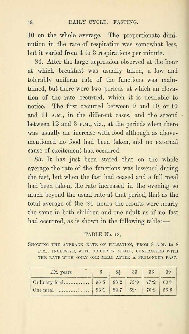 10 on the whole average. The proportionate dimi- nution in the rate of respiration was somewhat less, but it varied from 4 to 3 respirations per minute. 84. After the large depression observed at the hour at which breakfast was usually taken, a low and tolerably uniform rate of the functions was main- tained, but there were two periods at which an eleva- tion of the rate occurred, which it is desirable to notice. The first occurred between 9 and 10, or 10 and 11 a.m., in the different cases, and the second between 12 and 3 p.m., viz., at the periods when there was usually an increase with food although as above- mentioned no food had been taken, and no external cause of excitement had occurred. 85. It has just been stated that on the whole average the rate of the functions was lessened during the fast, but when the fast had ceased and a full meal had been taken, the rate increased in the evening so much beyond the usual rate at that period, that as the total average of the 24 hours the results were nearly the same in both children and one adult as if no fast had occurred, as is shown in the following table:— TABLE No. 18, Showing the average bate of pulsation, from 8 a.m. to 8 P.M., INCLUSIVE, WITH ORDINARY MEALS, CONTRASTED WITH THE RATE WITH ONLY ONE MEAL AFTER A PROLONGED FAST. Mt. years 6 84 33 36 39 96-5 93-1 83-2 827 73-9 62- 77-2 70-2 60-7 56-5