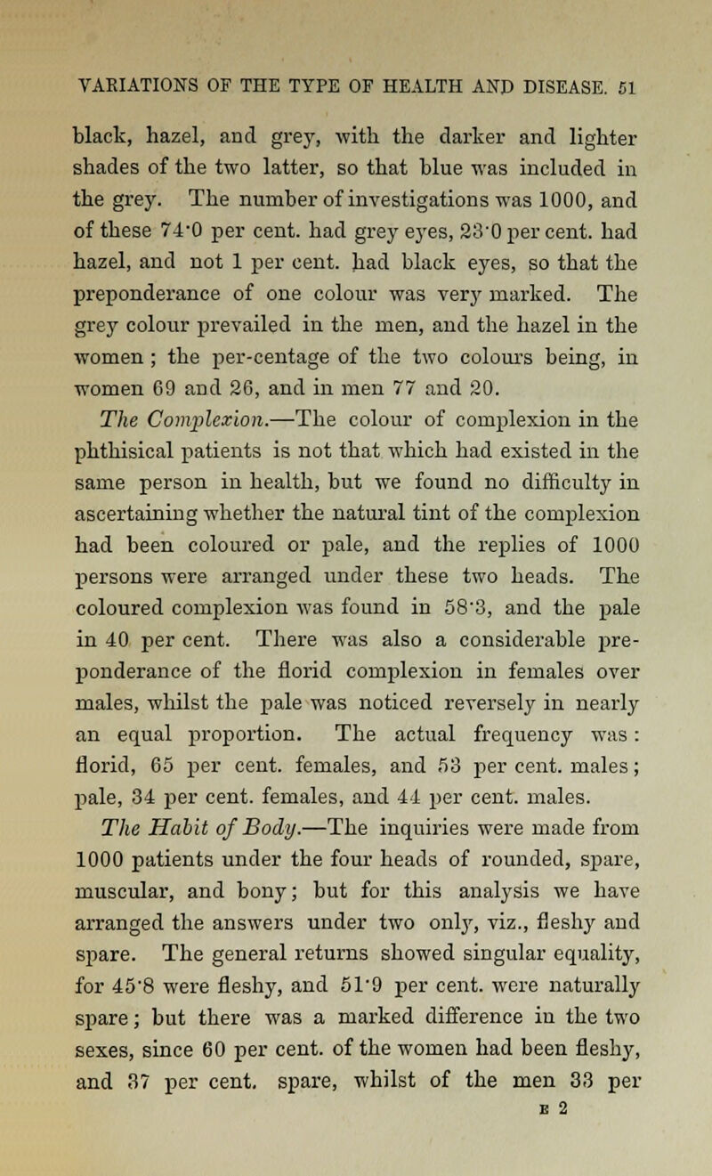 black, hazel, and grey, with the darker and lighter shades of the two latter, so that blue was included in the grey. The number of investigations was 1000, and of these 74-0 per cent, had grey eyes, 23'0 per cent, had hazel, and not 1 per cent, had black eyes, so that the preponderance of one colour was very marked. The grey colour prevailed in the men, and the hazel in the women ; the per-centage of the two colours being, in women 69 aDd 26, and in men 77 and 20. The Complexion.—The colour of complexion in the phthisical patients is not that which had existed in the same person in health, but we found no difficulty in ascertaining whether the natural tint of the complexion had been coloured or pale, and the replies of 1000 persons were arranged under these two heads. The coloured complexion was found in 58'3, and the pale in 40 per cent. There was also a considerable pre- ponderance of the florid complexion in females over males, whilst the pale was noticed reversely in nearly an equal proportion. The actual frequency was: florid, 65 per cent, females, and 53 per cent, males; pale, 34 per cent, females, and 44 per cent, males. The Habit of Body.—The inquiries were made from 1000 patients under the four heads of rounded, spare, muscular, and bony; but for this analysis we have arranged the answers under two only, viz., fleshy and spare. The general returns showed singular equality, for 45'8 were fleshy, and 51'9 per cent, were naturally spare; but there was a marked difference in the two sexes, since 60 per cent, of the women had been fleshy, and 37 per cent, spare, whilst of the men 33 per e 2