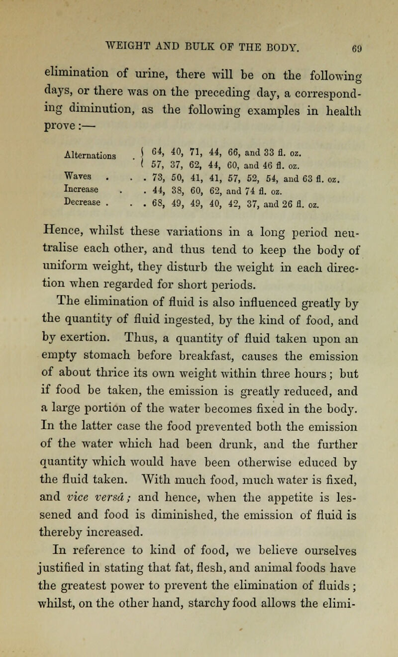 elimination of urine, there will be on the following days, or there was on the preceding day, a correspond- ing diminution, as the following examples in health prove:— Alternations | 64> 40> 71> U> 66> and 33 fl- °z- I 57, 37, 62, 44, 60, and 46 fl. oz. Waves . . . 73, 50, 41, 41, 57, 52, 54, and 63 fl. oz. Increase . . 44, 38, 60, 62, and 74 fl. oz. Decrease . . . 68, 49, 49, 40, 42, 37, and 26 fl. oz. Hence, whilst these variations in a long period neu- tralise each other, and thus tend to keep the body of uniform weight, they disturb the weight in each direc- tion when regarded for short periods. The elimination of fluid is also influenced greatly by the quantity of fluid ingested, by the kind of food, and by exertion. Thus, a quantity of fluid taken upon an empty stomach before breakfast, causes the emission of about thrice its own weight within three hours; but if food be taken, the emission is greatly reduced, and a large portion of the water becomes fixed in the body. In the latter case the food prevented both the emission of the water which had been drunk, and the further quantity which would have been otherwise educed by the fluid taken. With much food, much water is fixed, and vice versa; and hence, when the appetite is les- sened and food is diminished, the emission of fluid is thereby increased. In reference to kind of food, we believe ourselves justified in stating that fat, flesh, and animal foods have the greatest power to prevent the elimination of fluids; whilst, on the other hand, starchy food allows the elimi-