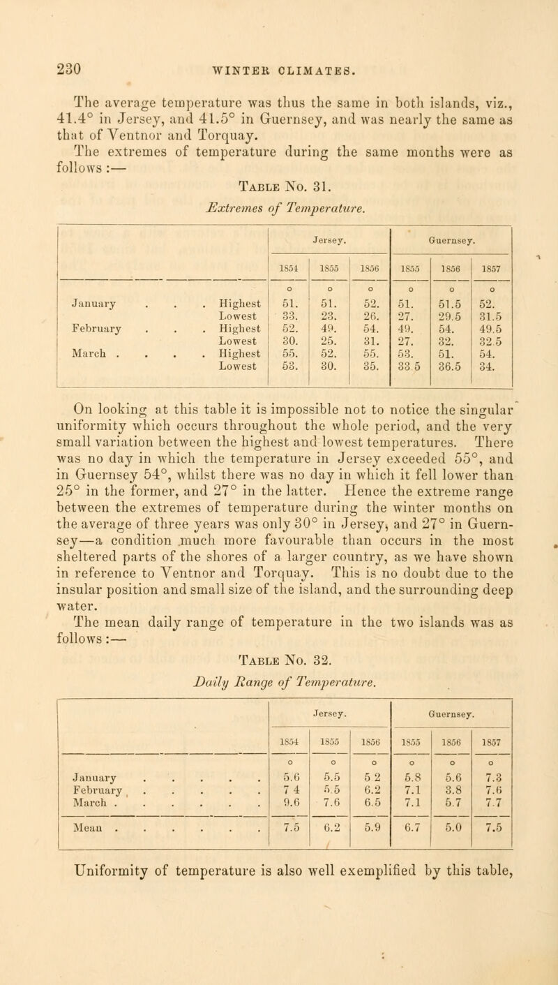 The average temperature was thus the same in both islands, viz., 41.4° in Jersey, and 41.5° in Guernsey, and was nearly the same as that of Ventnor and Torquay. The extremes of temperature during the same months were as follows :— Table No. 31. Extremes of Temperature. Jersey. Guernsey. 1851 1S55 1856 1S55 1856 1857 o 0 o o 0 0 January . Highest 51. 51. 52. 51. 51.5 52. Lowest 33. 23. 26. 27. 29.5 31.5 February Highest 52. 49. 54. 49. 54. 49.5 Lowest 30. 25. 81. 27. 32. 32.5 March . . Highest 55. 52. 55. 53. 51. 54. Lowest 53. 30. 35. 33.5 36.5 34. On looking at this table it is impossible not to notice the singular uniformity which occurs throughout the whole period, and the very small variation between the highest and lowest temperatures. There was no day in which the temperature in Jersey exceeded 55°, and in Guernsey 54°, whilst there was no day in which it fell lower than 25° in the former, and 27° in the latter. Hence the extreme range between the extremes of temperature during the winter months on the average of three years was only 30° in Jersey > and 27° in Guern- sey—a condition .much more favourable than occurs in the most sheltered parts of the shores of a larger country, as we have shown in reference to Ventnor and Torquay. This is no doubt due to the insular position and small size of the island, and the surrounding deep water. The mean daily range of temperature in the two islands was as follows:— Table No. 32. Daily Range of Temperature. Jersey. Guernsey. 1854 1855 1856 1855 1856 1857 January . . February ..... March 0 5.6 74 9.6 o 5.5 5.5 7.6 0 52 6.2 6.5 0 5.8 7.1 7.1 o 5.6 3.8 5.7 o 7.3 7.6 7.7 Mean 7.5 6.2 5.9 6.7 5.0 7.5 Uniformity of temperature is also well exemplified by this table,