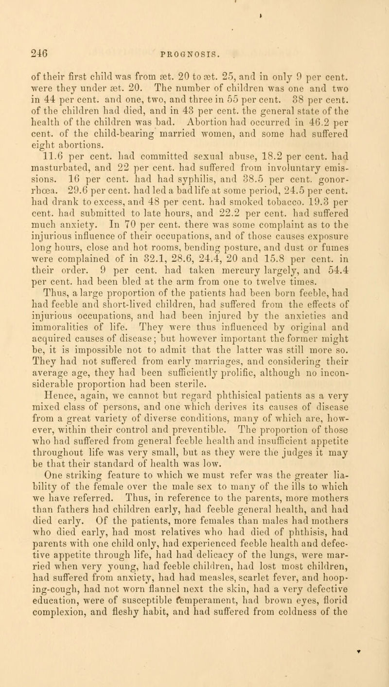 of their first child was from net. 20 to !?et. 25, and in only 9 per cent, were they under ast. 20. The number of children was one and two in 44 per cent, and one, two, and three in 55 per cent. 38 per cent, of the children had died, and in 43 per cent, the general state of the health of the children was bad. Abortion had occurred in 46.2 per cent, of the child-bearing married women, and some had suffered eight abortions. 11.6 per cent, had committed sexual abuse, 18.2 per cent, had masturbated, and 22 per cent, had suffered from involuntary emis- sions. 16 per cent, had had syphilis, and 38.5 per cent, gonor- rhoea. 29.6 per cent, had led a bad life at some period, 24.5 per cent, had drank to excess, and 48 per cent, had smoked tobacco. 19.3 per cent, had submitted to late hours, and 22.2 per cent, had suffered much anxiety. In 70 per cent, there was some complaint as to the injurious influence of their occupations, and of those causes exposure long hours, close and hot rooms, bending posture, and dust or fumes were complained of in 32.1, 28.6, 24.4, 20 and 15.8 per cent, in their order. 9 per cent, had taken mercury largely, and 54.4 per cent, had been bled at the arm from one to twelve times. Thus, a large proportion of the patients had been born feeble, had had feeble and short-lived children, had suffered from the effects of injurious occupations, and had been injured by the anxieties and immoralities of life. They were thus influenced by original and acquired causes of disease; but however important the former might be, it is impossible not to admit that the latter was still more so. They had not suffered from early marriages, and considering their average age, they had been sufficiently prolific, although no incon- siderable proportion had been sterile. Hence, again, we cannot but regard phthisical patients as a very mixed class of persons, and one which derives its causes of disease from a great variety of diverse conditions, many of which are, how- ever, within their control and preventible. The proportion of those who had suffered from general feeble health and insufficient appetite throughout life was very small, but as they were the judges it may be that their standard of health was low. One striking feature to which we must refer was the greater lia- bility of the female over the male sex to many of the ills to which we have referred. Thus, in reference to the parents, more mothers than fathers had children early, had feeble general health, and had died early. Of the patients, more females than males had mothers who died early, had most relatives who had died of phthisis, had parents with one child only, had experienced feeble health and defec- tive appetite through life, had had delicacy of the lungs, were mar- ried when very young, had feeble children, had lost most children, had suffered from anxiety, had had measles, scarlet fever, and hoop- ing-cough, had not worn flannel next the skin, had a very defective education, were of susceptible temperament, had brown eyes, florid complexion, and fleshy habit, and had suffered from coldness of the