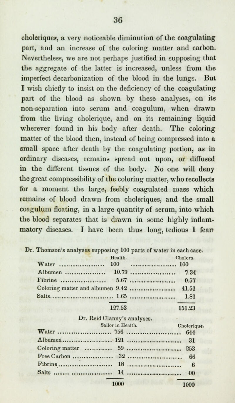 choleriques, a very noticeable diminution of the coagulating part, and an increase of the coloring matter and carbon. Nevertheless, we are not perhaps justified in supposing that the aggregate of the latter is increased, unless from the imperfect decarbonization of the blood in the lungs. But I wish chiefly to insist on the deficiency of the coagulating part of the blood as shown by these analyses, on its non-separation into serum and coagulum, when drawn from the living cholerique, and on its remaining liquid wherever found in his body after death. The coloring matter of the blood then, instead of being compressed into a small space after death by the coagulating portion, as in ordinary diseases, remains spread out upon, or diffused in the different tissues of the body. No one will deny the great compressibility of the coloring matter, who recollects for a moment the large, feebly coagulated mass which remains of blood drawn from choleriques, and the small coagulum floating, in a large quantity of serum, into which the blood separates that is drawn in some highly inflam- matory diseases. I have been thus long, tedious I fean Dr. Thomson's analyses supposing 100 parts of water in each case. Health. Cholera. Water 100 100 Albumen 10.79 7.34 Fibrine 5.67 0.57 Coloring matter and albumen 9.42 41.51 Salts 1.65 1.81 Dr. 127.53 Reid Clanny's Sailor in He 756 . 121 analyses, alth. 151.23 Cholerique. 644 31 Coloring matter . 59 . 32 18 14 , 253 66 00 1000 1000