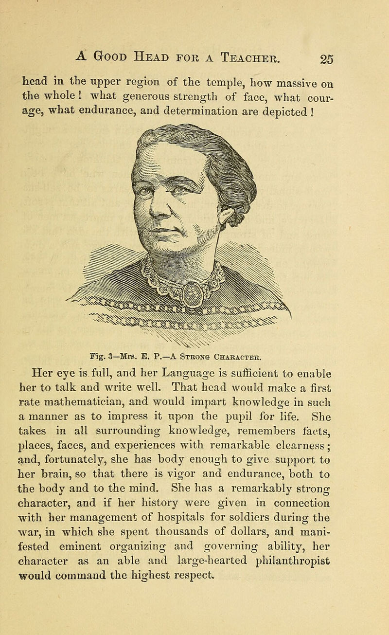 head in the upper region of the temple, how massive on the whole ! what generous strength of face, what cour- age, what endurance, and determination are depicted ! Fig. 3—Mrs. E. P.—A Strong Character. Her eye is full, and her Language is sufficient to enable her to talk and write well. That head would make a first rate mathematician, and would impart knowledge in such a manner as to impress it upon the pupil for life. She takes in all surrounding knowledge, remembers facts, places, faces, and experiences with remarkable clearness; and, fortunately, she has body enough to give support to her brain, so that there is vigor and endurance, both to the body and to the mind. She has a remarkably strong character, and if her history were given in connection with her management of hospitals for soldiers during the war, in which she spent thousands of dollars, and mani- fested eminent organizing and governing ability, her character as an able and large-hearted philanthropist would command the highest respect.