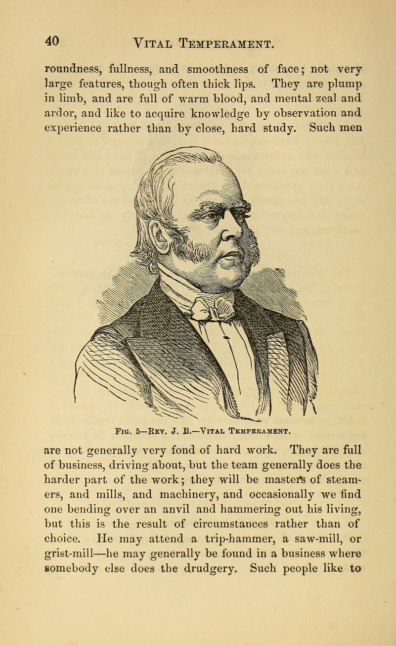 roundness, fullness, and smoothness of face; not very- large features, though often thick lips. They are plump in limb, and are full of warm blood, and mental zeal and ardor, and like to acquire knowledge by observation and experience rather than by close, hai'd study. Such men Fig. 5—Kev. J. B.—Vital Temperament. are not generally very fond of hard work. They are full of business, driving about, but the team generally does the harder part of the work; they will be masters of steam- ers, and mills, and machinery, and occasionally we find one bending over an anvil and hammering out his living, but this is the result of circumstances rather than of choice. He may attend a trip-hammer, a saw-mill, or grist-mill—he may generally be found in a business where somebody else does the drudgery. Such people like to