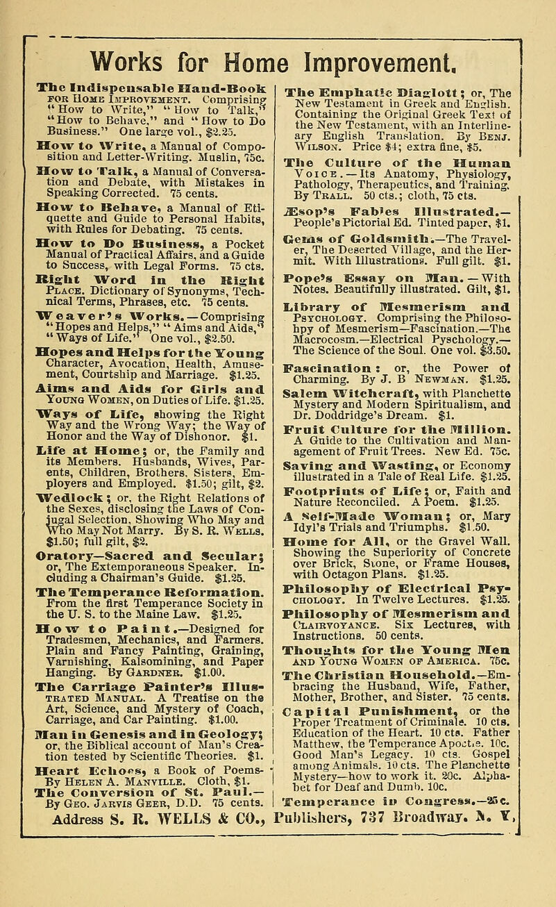 Works for Home Improvement. The Indispensable Hand-Book. for Uome Improvement. Comprising How to Write, How to Talk,* How to Behave. and How to Do Business. One large vol., $3.25. How to Write, a Manual of Compo- sition and Letter-Writing. Muslin, 75c. How to Talk, a Manual of Conversa- tion and Debate, with Mistakes in Speaking Corrected. 75 cents. How to Behave, a Manual of Eti- quette and Guide to Personal Habits, with Rules for Debating. 75 cents. How to Do Business, a Pocket Manual of Practical Affairs, and a Guide to Success, with Legal Forms. 75 cts. Right Word in the Right Place. Dictionary of Synonyms, Tech- nical Terms, Phrases, etc. 75 cents. Weaver's Works. —Comprising Hopes and Helps, Aims and Aids, Ways of Life.'' One vol., $2.50. Hopes and Helps for the Young Character, Avocation, Health, Amuse- ment, Courtship and Marriage. $1.25. Aims and Aids for Girls and Young Women, on Duties of Life. $1.25. Ways of Life, showing the Right Way and the Wrong Way; the Way of Honor and the Way of Dishonor. $1. Iiife at Home; or, the Family and its Members. Husbands, Wives, Par- ents, Children, Brothers. Sisters, Em- ployers and Employed. $1.50; gilt, $2. Wedlock ; or, the Right Relations of the Sexes, disclosing the Laws of Con- jugal Selection, Showing Who May and Who May Not Marry. By S. R. Wells. $1.50; full gilt, $2. Oratory—Sacred and Secular; or, The Extemporaneous Speaker. In- cluding a Chairman's Guide. $1.25. The Temperance Reformation. From the first Temperance Society in the U. S. to the Maine Law. $1.25. How to Paint .—Designed for Tradesmen, Mechanics, and Farmers. Plain and Fancy Painting, Graining, Varnishing, Kalsomining, and Paper Hanging. By Gardner. $1.00. The Carriage Painter's Illus- trated Manual. A Treatise on the Art, Science, and Mystery of Coach, Carriage, and Car Painting. $1.00. RIan in Genesis and in Geology; or, the Biblical account of Man's Crea- tion tested by Scientific Theories. $1. Heart Echoes, a Book of Poems- By Helen A. Manville. Cloth, $1. The Conversion of St. Paul.— By Geo. Jarvis Geer, D.D. 75 cents. Address S. R. WELLS & CO., The Emphatic Diaslott; or, The New Testament in Greek and English. Containing the Original Greek Text of the New Testament, with an Interline- ary English Translation. By Benj. Wilson. Price $4; extra fine, $5. The Culture of the Human Voice. — Its Anatomy, Physiology, Pathology, Therapeutics, and Training. By Trall. 50 cts.; cloth, 75 cts. JEsop's Fab'es Illustrated.— People's Pictorial Ed. Tinted paper, $1. Gems of Goldsmiths—The Travel- er, The Deserted Village, and the Her- mit. With Illustrations. Full gilt. $1. Pope's Essay on Ulan.—With Notes. Beautifully illustrated. Gilt, $1. Library of Mesmerism and Psychology. Comprising the Philoso- hpy of Mesmerism—Fascination.—The Macrocosm.—Electrical Pyschology.— The Science of the Soul. One vol. $3.50. Fascination: or, the Power of Charming. By J. B Newman. $1.25. Salem Witchcraft, with Planchette Mystery and Modern Spiritualism, and Dr. Doddridge's Dream. $1. Fruit Culture for the Million. A Guide to the Cultivation and Man- agement of Fruit Trees. New Ed. 75c. Saving and Wasting, or Economy illustrated in a Tale of Real Life. $1.25. Footprints of Iiife; or, Faith and Nature Reconciled. A Poem. $1.25. A Self-Made Woman; or, Mary Idyl's Trials and Triumphs. $1.50. Home for All, or the Gravel Wall. Showing the Superiority of Concrete over Brick, Sione, or Frame Houses, with Octagon Plans. $1.25. Philosophy of Electrical Psy- chology. In Twelve Lectures. $1.25. Philosophy of Mesmerism and Clairvoyance. Six Lectures, with Instructions. 50 cents. Thoughts for the Young Men and Young Women op America. 75c. The Christian Household.—Em- bracing the Husband, Wife, Father, Mother, Brother, and Sister. 75 cents. Capital Punishment, or the Proper Treatment of Criminals. 10 cts. Education of the Heart. 10 cts. Father Matthew, the Temperance Apoctie. 10c. Good Man's Legacy. 10 cts. Gospel J among Animals. 10 cts. The Planchette Mystery—how to work it. 20c. Alpha- bet for Deaf and Dumb. 10c. I Temperance in Congress.—25c. Publishers, 737 Broadway. Si. Y,