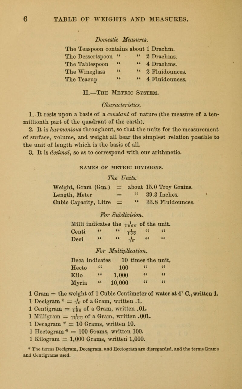 Domestic Measures. The Teaspoon contains about 1 Drachm. The Dessertspoon  2 Drachms. The Tablespoon u 4 Drachms. The Wineglass u 2 Fluidounces. The Teacup  4 Fluidounces. II.—The Metric System. Cliaracteristics. 1. It rests upon a basis of a constant of nature (the measure of a ten- millionth part of the quadrant of the earth). 2. It is liarmonious throughout, so that the units for the measurement of surface, volume, and weight all bear the simplest relation possible to the unit of length which is the basis of all. 3. It is decimal, so as to correspond with our arithmetic. NAMES OF METRIC DIVISIONS. The Units. Weight, Gram (Gm.) = about 15.0 Troy Grains. Length, Meter =  39.3 Inches. Cubic Capacity, Litre =  33.8 Fluidounces. For Subdivision. Milli indicates the yoVo of the unit. Centi •«  Tta   Deci U <( -I. << For Multiplication. Deca indicates 10 times the unit. Hecto  100   Kilo  1,000   Myria  10,000   1 Gram = the weight of 1 Cubic Centimeter of water at 4° C, written 1. 1 Decigram* = /o of a Gram, written .1. 1 Centigram = jfa of a Gram, written .01. 1 Milligram = y^nj of a Gram, written .001. 1 Decagram * = 10 Grams, written 10. 1 Hectogram * = 100 Grams, written 100. 1 Kilogram = 1,000 Grams, written 1,000. * The terms Decigram, Decagram, and Hectogram are disregarded, and the terms Grarrs and Cuntigiame used.