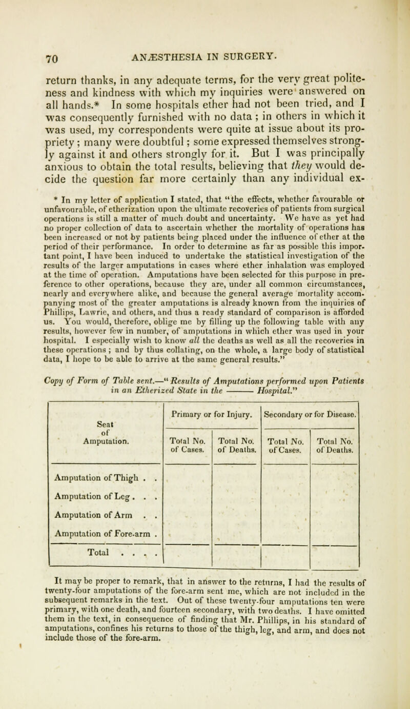 return thanks, in any adequate terms, for the very great polite- ness and kindness with which my inquiries were answered on ail hands.* In some hospitals ether had not been tried, and I was consequently furnished with no data ; in others in which it ■was used, my correspondents were quite at issue about its pro- priety ; many were doubtful; some expressed themselves strong- ly against it and others strongly for it. But I was principally anxious to obtain the total results, believing that they would de- cide the question far more certainly than any individual ex- * In my letter of application I slated, that the effects, whether favourable or unfavourable, of etherization upon the ultimate recoveries of patients from surgical operations is still a matter of much doubt and uncertainty. We have as yet had no proper collection of data to ascertain whether the mortality of operations has been increased or not by patients being placed under the influence ofetlier at the period of their performance. In order to determine as far as possible this impor- tant point, I have been induced to undertake the statistical investigation of the results of the larger amputations in cases where ether inhalation was employed at the time of operation. Amputations have been selected for this purpose in pre- ference to other operations, because they are, under all common circumstances, nearly and everywhere alike, and because the general average mortality accom- panying most of the greater amputations is already known from the inquiries of Phillips, Lawrie, and others, and thus a ready standard of comparison is afforded us. You would, therefore, oblige me by filling up the following table with any results, however few in number, of amputations in which ether was used in your hospital. I especially wish to know all the deaths as well as all the recoveries in these operations ; and by thus collating, on the whole, a large body of statistical data, I hope to be able to arrive at the same general results. Copy of Form of Table sent.— Results of Amputations performed upon Patients in an Etherized State in the Hospital. Seat of Amputation. Primary or for Injury. Secondary or for Disease. Total No. of Cases. Total No. of Deaths. Total No. of Cases. Total No. of Deaths. Amputation of Thigh . . Amputation of Leg . . . Amputation of Arm . . Amputation of Fore.arm . Total .... It may be proper to remark, that in answer to the returns, I had the results of twenty.four amputations of the fore-arm sent me, which are not included in the subsequent remarks in the text. Out of these twenty-four amputations ten were primary, with one death, and fourteen secondary, with two deaths. I have omitted them in the text, in consequence of finding that Mr. Phillips, in his standard of amputations, confines his returns to those of the thigh, leg, and arm, and does not include those of the forearm.