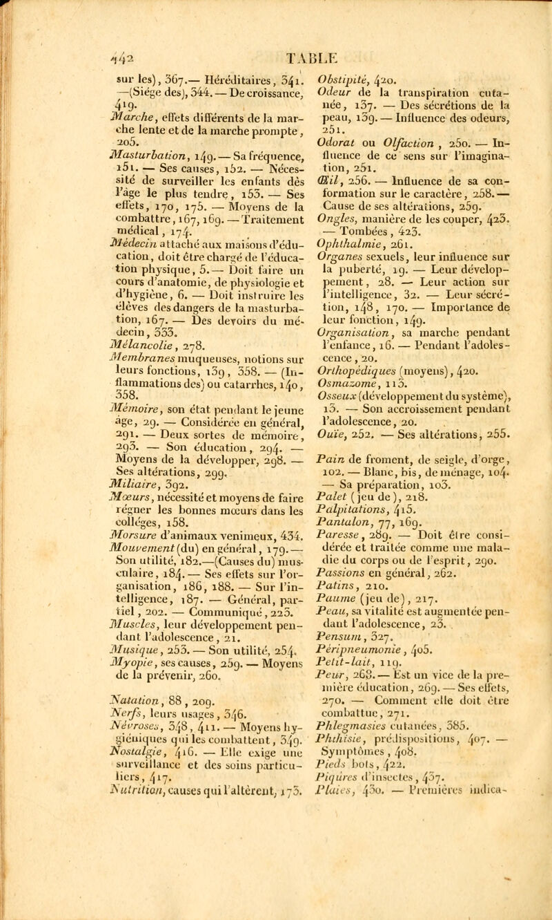 sur les), 367.— Héréditaires, 5^1. —(Siège des], 544. — De croissance, 4»9* Marche, effets différents de la mar- che lente et de la marche prompte, 2o5. Masturbation, î^g.— Sa fréquence, 15i. — Ses causes, 162. — Néces- sité de surveiller les enfants dès l'âge le plus tendre, i53. — Ses effets, 170, 175. — Moyens de la combattre, 167,169. —Traitement médical, 174. Médecin attaché aux maisons d'édu- cation , doit être chargé de l'éduca- tion physique, 5.— Doit faire un cours d'anatomie, de physiologie et d'hygiène, 6. — Doit instruire les élèves des dangers de la masturba- tion, 167. — Des devoirs du mé- decin, 333. Mélancolie, 278. Membranes muqueuses, notions sur leurs fonctions, i3g, 358. — (In- flammations des) ou catarrhes, i4o, 358. ' Mémoire, son état pendant le jeune âge, 29. — Considérée en général, 291. — Deux sortes de mémoire, 2g3. — Son éducation, 294. — Moyens de la développer, 2g8. — Ses altérations, 299. Miliaire, 3g2. Mœurs, nécessité et moyens de faire régner les bonnes mœurs dans les collèges, i58. Morsure d'animaux venimeux, 434. Mouvement (au) en général, 179.— Son utilité, 182.—(Causes du) mus- culaire, 184.— Ses effets sur l'or- ganisation, 186, 188. — Sur l'in- telligence, 187. — Général, par- tiel , 202. — Communiqué , 225. Muscles, leur développement pen- dant l'adolescence, 21. Musique, 255. — Son utilité, 254. Myopie, ses causes, 259. — Moyens de la prévenir, 260. datation, 88 , 209. Nerfs, leurs usages, 346. Névroses, 348 , 411. — Moyens hy- giéniques qui les combattent, 349- Nostalgie, 4'6. — Elle exige une surveillance et des soins particu- liers, 4^7» Kulritio/i, causes qui l'altèrent, j ;5. Obstipité, 420. Odeur de la transpiration cuta- née, 157. — Des sécrétions de la peau, i5g. — Influence des odeurs, 2Ô1. Odorat ou Olfaction , 25o. — In- fluence de ce sens sur l'imagina- tion, 25l. (EU, 256. — Influence de sa con- formation sur le caractère, 258.— Cause de ses altérations, 259. Ongles, manière de les couper, Iç-O, — Tombées, 423. Ophlhalmie, 261. Organes sexuels, leur influence sur la puberté, 19. — Leur dévelop- pement, 28. — Leur action sur l'intelligence, 32. — Leur sécré- tion, 148, 170.— Importance de leur fonction, 149. Organisation, sa marche pendant l'enfance, 16. — Pendant l'adoles- cence , 20. Orthopédiques (moyens), 420. Osmazome, 115. Osseux (développement du système), i5. — Son accroissement pendant l'adolescence, 20. Ouïe, 252. — Ses altérations, 255. Pain de froment, de seigle, d'orge, 102. — Blanc, bis, déménage, io4- — Sa préparation, io5. Palet ( jeu de ), 218. Palpitations, 415. Pantalon, 77, 16g. Paresse, 289. — Doit être consi- dérée et traitée comme une mala- die du corps ou de l'esprit, 290. Passions en général, 262. Patins, 210. Paume (jeu de), 217. Peau, sa vitalité est augmentée pen- dant l'adolescence, 23. Pensum, 527. Pèripneumonie, 4o5. Petit-lait, 11g. Peur, 263. — Est un vice de la pre- mière éducation, 269. — Ses effets, 270. — Comment elle doit être combattue, 271. Phlegmasies cutanées, 585. Phchisie, prédispositions, 4°7« — Symptômes, 408. Pieds bols, 422. Piqûres d'insectes, 457. Plans, 43o. — Premières indien-