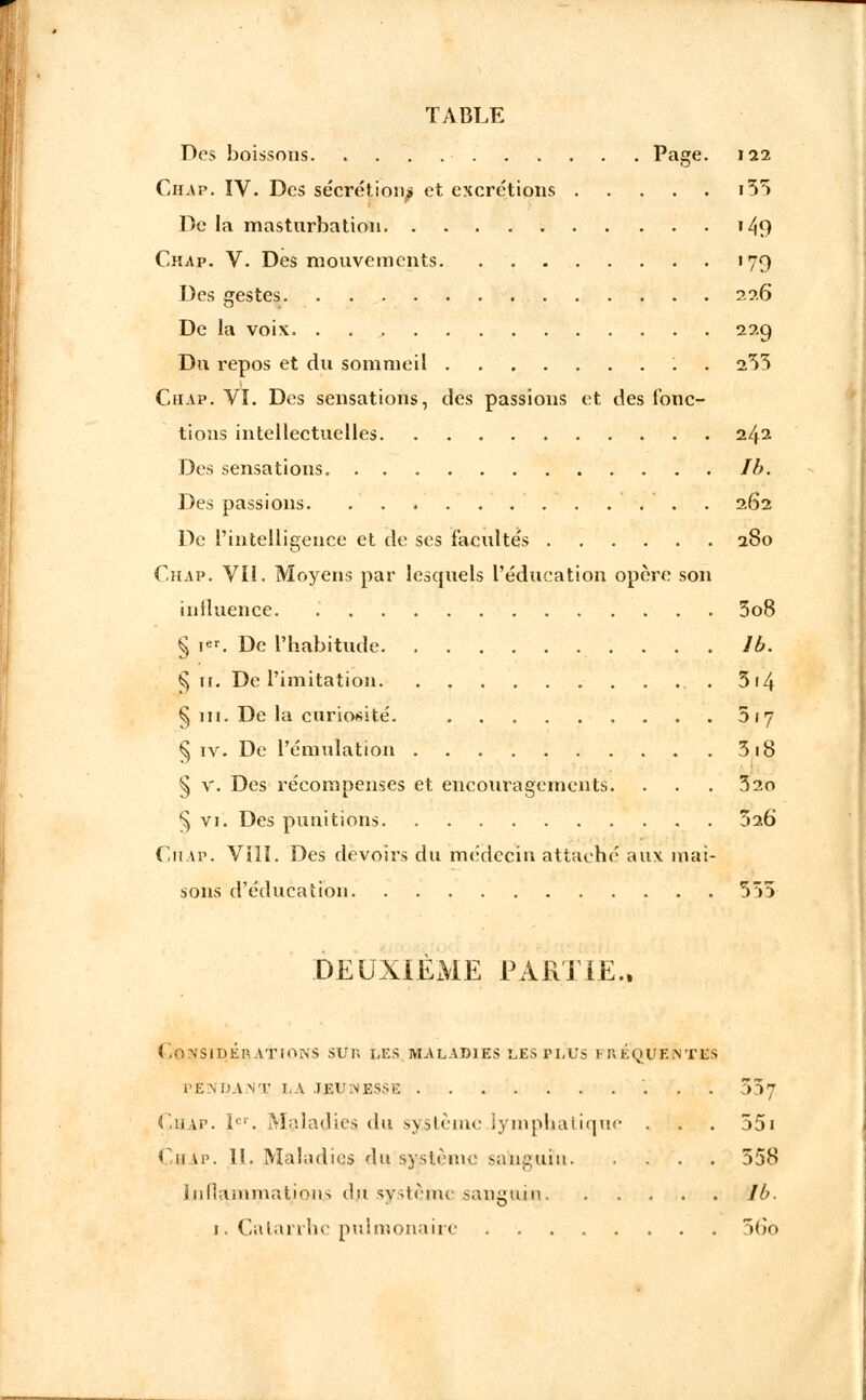 Des boissons Page. 122 Chap. IV. Des sécrétion^ et excrétions i55 Delà masturbation i^9 Chap. V. Des mouvements 179 Des gestes 226 De la voix 229 Du repos et du sommeil '. 255 Chap. VI. Des sensations, des passions et des fonc- tions intellectuelles 242 Des sensations Ib. Des passions 262 De l'intelligence et de ses facultés 280 ChAp. VU. Moyens par lesquels l'éducation opère son influence. 5o8 § ier. De l'habitude . . . Ib. $ 11. De l'imitation 5 14 § ni. De la curiosité. 5 17 § iv. De l'émulation 5 18 § v. Des récompenses et. encouragements. . . . 52o § vi. Des punitions 526 Chap. Viïï. Des devoirs du médecin attaché aux mai- sons d'éducation 555 DEUXIÈME PARTIE., GO^SID.ÉRATIONS SUR LES MALADIES LES PLUS FREQUENTES TENDAIT LA JEUNESSE 557 Chap. Ier. Maladies du système lymphatique . . . 551 Chap. II. Maladies du;système sanguin 558 Inflammations du système sanguin Ib. i. Catarrhe pulmonaire 56o