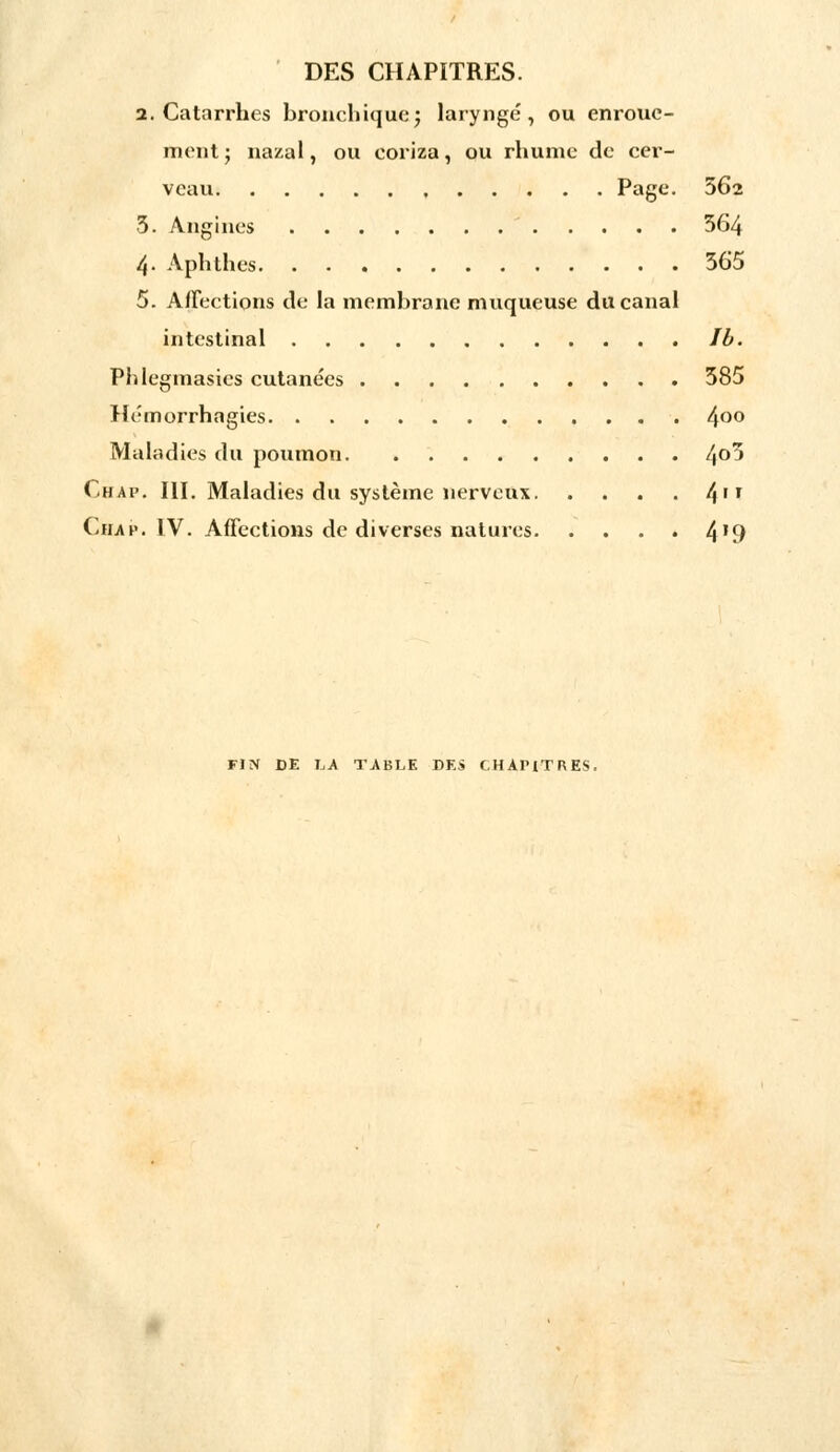 2. Catarrhes bronchique j laryngé, ou enroue- ment ; n.t/.il, ou coriza, ou rhume de cer- veau Page. 562 3. Angines ' 364 4. Aphthes 365 5. Affections de la membrane muqueuse du canal intestinal Ib. Phlegmasics cutanées 385 Hémorrhagies 4°° Maladies du poumon 4°^ Chap. III. Maladies du système nerveux 4,r Chah. IV. Affections de diverses natures 4'9