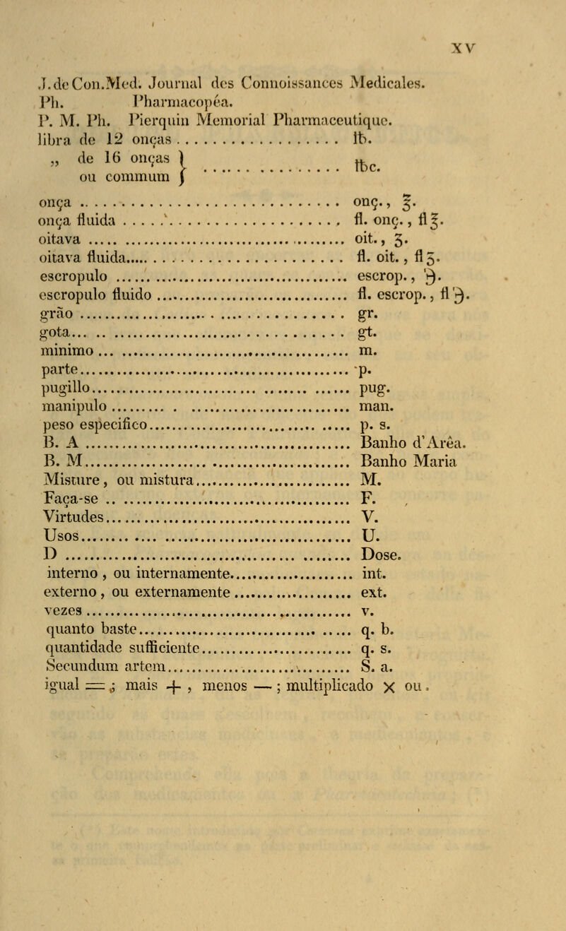 J.deCon.Med: Journal dos Connoissances Medicales. Ph. Pharmacopéa. P. M. Ph. Pierquin Memorial Pharmaceutiquc. libra de 12 onças lt>. „ de 16 onças ) ^ ou commum j onça onç., 3. onça fluida ' fl. onç., fl^. oitava oit., 5« oitava fluida fl. oit., fl5« escropulo escrop., V). escropulo fluido fl. escrop., fl'3» grão gr. gota gt. minimo m. parte p. pugillo pug. manipulo man. peso especifico p. s. B. A Banho d'Área. B. M Banho Maria Misture, ou mistura M. Faça-se F. Virtudes V. Usos U. D Dose. interno , ou internamente int. externo, ou externamente ext. vezes , v. quanto baste q. b. quantidade sufficientc q. s. Secundum artcm S. a. igual =,; mais -f- , menos — ; multiplicado X ou •