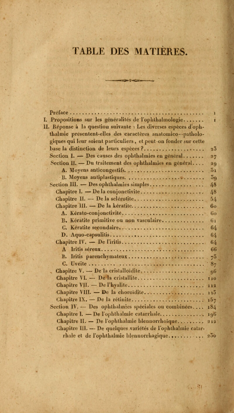Préface 1 I. Propositions sur les généralités de rophlhaltnologie i II. Réponse à la question suivante : Les diverses espèces d oph- thalmic présentent-elles des caractères auatomico--patholo- giques qui leur soient particuliers , et peut on fonder sur cette base la distinction de leurs espèces ? 23 Section I. — Des causes des ophthaltnies en général 27 Section IL — Du traitement des ophthalniies en général. ... 29 A. Moyens anticongestifs Tu B. Moyens antiplastiques 09 Seclion III. — Des ophthalmies simples 48 Chapitre I. — De la conjonctivite 4$ Chapitre IL — De la sclérotite 54 Chapitre III. — De la kératite 60 A. Kérato-conjonclivite 60 B. Kératite primitive ou non vasculaire. Gi C. Kératite secondaire, 64 D. Aquo-capsulilis 64 Chapitre IYr. — De l'iritis 64 A Iritis séreux GG B. Iritis parenchyrnateux 70 C. Uvéite 87 Chapitre V. — De la crislalloïdile 9G Chapitre VI. — De la cristallite 110 Chapitre VII. — De l'hyalite 112 Chapitre VIII. — De la choroïdile 110 Chapitre IX. — De la rélinile if>7 Section IV. — Des ophthalmies spéciales ou combinées. ... 1S4 Chapitre I. — De l'ophllialmie catarrhale 19G Chapitre II. — De Tophtlialmie bleunonhoïque 212 Chapitre III. — De quelques variétés de l'ophllialmie cat.tr- rhnlc et de l'ophtlialmie blennorrhagique., 23b