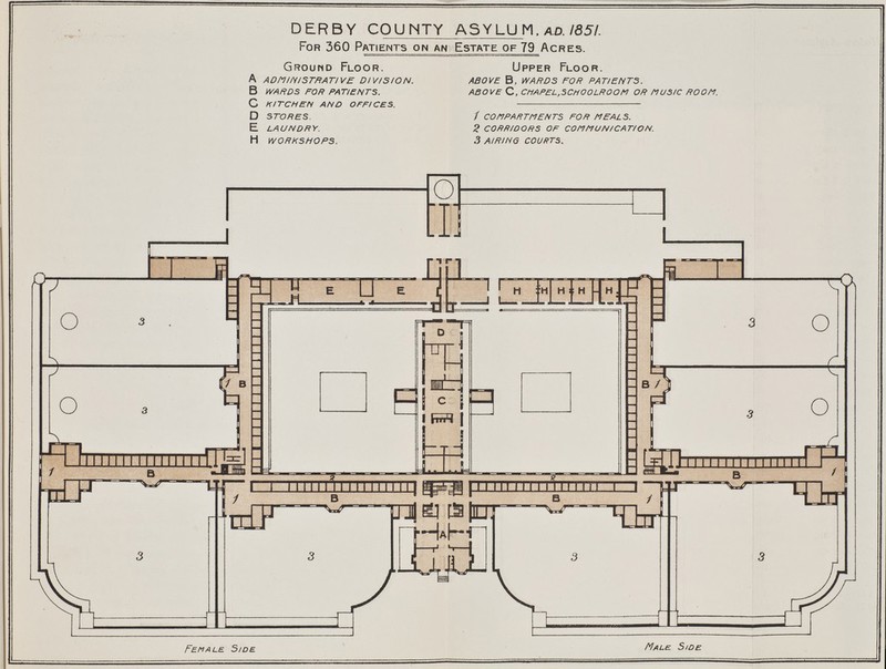 DERBY COUNTY ASYLU M, ad. 1851. For 360 Patients on an Estate of 79 Acres. Ground Floor, a administrative division. b wards for patients. C KITCHEN AND OFFICES. D STORES. E LAUNDRY. H WORKSHOPS. Upper Floor. above b, wards for patients. ABOVE C, CHAPEL,SCHOOLROOM OR MUSIC ROOM. 1 COMPARTMENTS FOR MEALS. 2 CORRIDORS OF COMMUNICATION. 3 AIRING COURTS. Female. Side Male Side