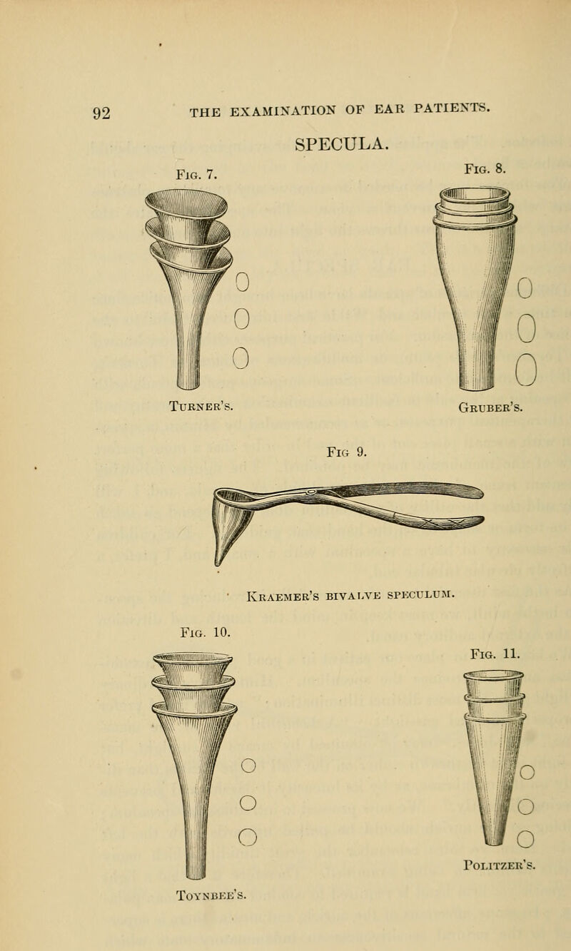 SPECULA. Fig. 7. Fig. 8. Turner's. Gruber's. Fig 9. Kraemee's bivalve speculum. Fig. 11. Pomtzer's. Tovnbee's.