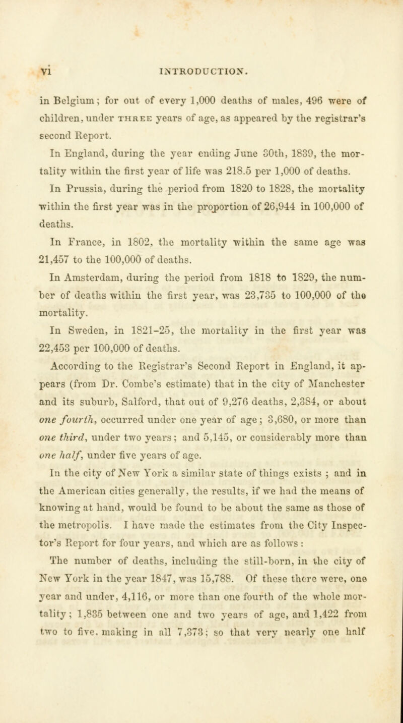 in Belgium; for out of every 1,000 deaths of males, 496 were of children,under three years of age, as appeared by the registrar's second Report. In England, during the year ending June 30th, 1839, the mor- tality within the first year of life was 218.5 per 1,000 of deaths. In Prussia, during the period from 1820 to 1828, the mortality within the first year was in the proportion of 26,944 in 100,000 of deaths. In France, in 1802, the mortality within the same age was 21,457 to the 100,000 of deaths. In Amsterdam, during the period from 1818 to 1829, the num- ber of deaths within the first year, was 23,735 to 100,000 of the mortality. In Sweden, in 1821-25, the mortality in the first year was 22,453 per 100,000 of deaths. According to the Registrar's Second Report in England, it ap- pears (from Dr. Combe's estimate) that in the city of Manchester and its suburb, Salford, that out of 9,276 deaths, 2,384, or about one fourth, occurred under one year of age; 3,680, or more than one third, under two years: and 5.145, or considerably more than one half, under five years of age. In the city of New York a similar state of things exists ; and in the American cities generally, the results, if we had the means of knowing at hand, would be found to be about the same as those of the metropolis. I have made the estimates from the City Inspec- tor's Report for four years, and which are as follows : The number of deaths, including the still-born, in the city of New York in the year 1847, was 15,788. Of these there were, one year and under, 4,116, or more than one fourth of the whole mor- tality ; 1,886 between one and two years of age, and 1,422 from two to five, making in all 7,373; so that very nearly one half