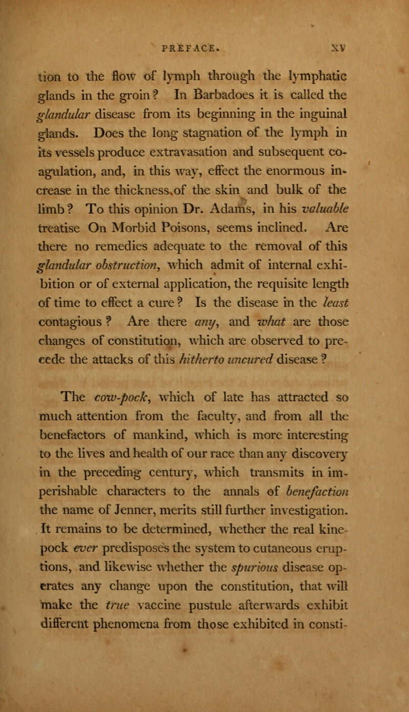 lion to the flow of lymph through the lymphatic glands in the groin ? In Barbadoes it is called the glandular disease from its beginning in the inguinal glands. Does the long stagnation of the lymph in its vessels produce extravasation and subsequent co- agulation, and, in this way, effect the enormous in* crease in the thickness.of the skin and bulk of the TV limb ? To this opinion Dr. Adams, in his valuable treatise On Morbid Poisons, seems inclined. Are there no remedies adequate to the removal of this glandular obstruction, which admit of internal exhi- bition or of external application, the requisite length of time to effect a cure ? Is the disease in the least contagious ? Are there any, and what are those changes of constitution, which are observed to pre- cede the attacks of this hitherto uncured disease ? The cow-pock, which of late has attracted so much attention from the faculty, and from all the benefactors of mankind, which is more interesting to the lives and health of our race than any discovery in the preceding century, which transmits in im- perishable characters to the annals of benefaction the name of Jenner, merits still further investigation. . It remains to be determined, whether the real kine- pock ever predisposes the system to cutaneous erup- tions, and likewise whether the spurious disease op- crates any change upon the constitution, that will make the true vaccine pustule afterwards exhibit different phenomena from those exhibited in consti-