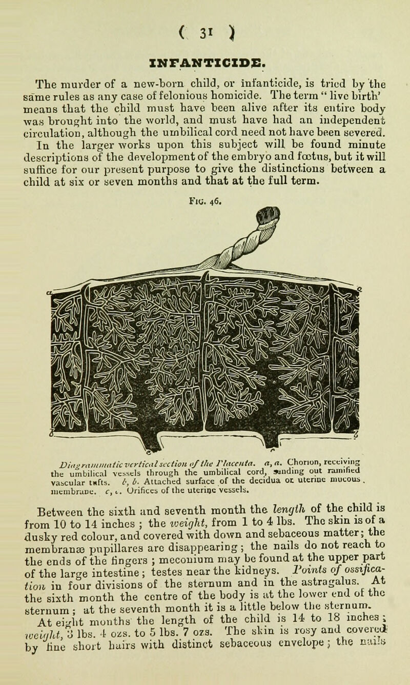 INFANTICIDE. The murder of a new-born child, or infanticide, is tried by the same rules as any case of felonious homicide. The term  live birth' means that the child must have been alive after its entire body was brought into the world, and must have had an independent circulation, although the umbilical cord need not have been severed. In the larger works upon this subject will, be found minute descriptions of the development of the embryo and fcctus, but it will suffice for our present purpose to give the distinctions between a child at six or seven months and that at the full term. Fie. 46. Diaeraiumaticvcrticalscction 0/the Placenta, a, a. Chorion, receiving the umbilical vessels through the umbilical cord, sending out ramified vascular tufts. *, b. Attached surface of the decidua or. uterine mucous. membrane. c,<.. Orifices of the uterine vessels. Between the sixth and seventh month the length of the child is from 10 to 14 inches ; the weight, from 1 to 4 lbs. The skin is of a dusky red colour, and covered with down and sebaceous matter; the membranaa pupillares are disappearing ; the nails do not reach to the ends of the lingers ; meconium may be found at the upper part of the large intestine; testes near the kidneys. 1'omts of ossifica- tion in four divisions of the sternum and in the astragalus. At the sixth month the centre of the body is at the lower end ot the sternum ; at the seventh month it is a little below the sternum. Ateiaht months the length of the child is 14 to 18 inches; weight, li lbs. 4 ozs. to 5 lbs. 7 ozs. The skin is rosy and covered by line short hairs with distinct sebaceous envelope; the nails