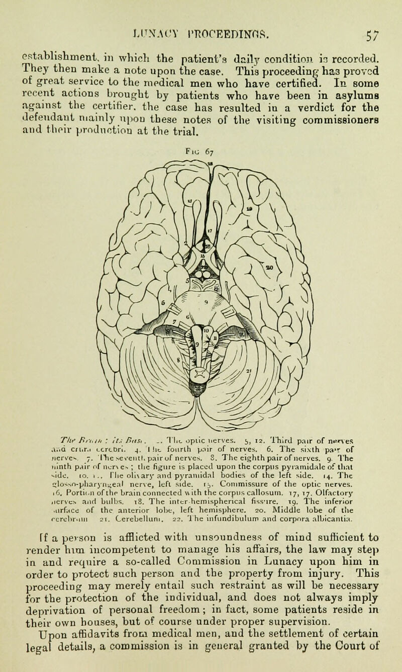 establishment, in which the patient's Jail}' condition in recorded. They then make a note upon the case. This proceeding ha3 proved of great service to the medical men who have certified. In some recent actions brought by patients who have been in asylums against the certifier, the case has resulted in a verdict for the defendant mainly upon these notes of the visiting commissioners and then- production at the trial. The Pit,tit : it.; Bast. ... Tin. optic nerves. 5, 12. Third pair of nerves and C/tir.i LcrtDrl. .4. I lit fourth pair of nerves. 6. The sixth pa'r of nerves 7. '(Tie seventh pair of nerves. 8. The eighth pair of nerves. 9. The ninth pair of n^rv e-^ ; the figure is placed upon the corpus pyiamidale of that side. 10. 1.. Hie oli\ary and pyramidal bodies of the left side. 14. The j;losso-pharyngeal nerve, left side. tD. Commissure of the optic nerves. 16. Portit.n of the brain connected with the corpus callosum. 17, 17. Olfactory iiervcs and bulbs. r8. The inter-hemispherical fiss-ire. 19. The inferior •urface of the anterior lobe, left hemisphere. 20. Middle lobe of the rerelmmi 21. Cerebellum. 22. The infundibulum and corpnra albicantia. ff a pevson is afflicted with unsoundness of mind sufficient to render him incompetent to manage his affairs, the law may step in and require a so-called Commission in Lunacy upon him in order to protect such person and the property from injury. This proceeding may merely entail such restraint as will be necessary for the protection of the individual, and does not always imply deprivation of personal freedom; in fact, some patients reside in their own bouses, but of course under proper supervision. Upon affidavits from medical men, and the settlement of certain legal details, a commission is in general granted by the Court of