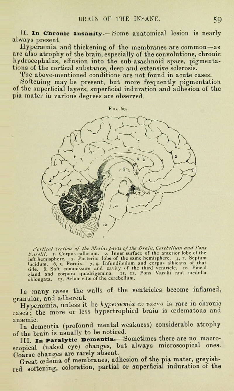 ll. In Chronic Xnsanity—Some anatomical lesion is nearly always present. Hypercemia and thickening of the membranes are common—as are also atrophy of the brain, especially of the convolutions, chronic hydrocephalus, effusion into the sub-a«achnoid space, pigmenta- tions of the cortical substance, deep aud extensive sclerosis. The above-mentioned conditions are not found in acute cases. Softening may be present, but more frequently pigmentation of the superficial layers, superficial induration and adhesion of the pia mater in various degrees are observed Fig. 69. C Vertical Section 0/ the Sfetiat parts oj the Brain, Cerebellum and i'ons Varolii, r. Corpus calloMim. 2. Inner surface of the anterior lobe of the left hemisphere. -3. Posterior lobe of the same hemisphere. 4, 2. Septum Uicidum. 6, 5. Fornix. 7, 9. Infundibulum and corpus albicans of that side. 8. Soft commissure and cavity of the third ventricle. 10 Pineal (•land and corpora quadrigemina. 11, 12. Pons Varolii and medulla oblongata. 13. Arbor vitae of the cerebellum. Tn many cases the walls of the ventricles become inflamed, granular, and adherent. _ Hyperemia, unless it be hypercemia ex vacuo is rare in chronic oases • the more or less hypertrophied brain is oedematous and aniEmic. . , In dementia (profound mental weakness) considerable atrophy of the brain is usually to be noticed. Ill In Paralytic Bementia.—Sometimes there are no macro- scopical (naked eye) changes, but always microscopical ones. Coarse changes are rarely absent. ... ■ , Great oedema of membranes, adhesion of the pia mater, greyish- red softening, coloration, partial or superficial induration of the